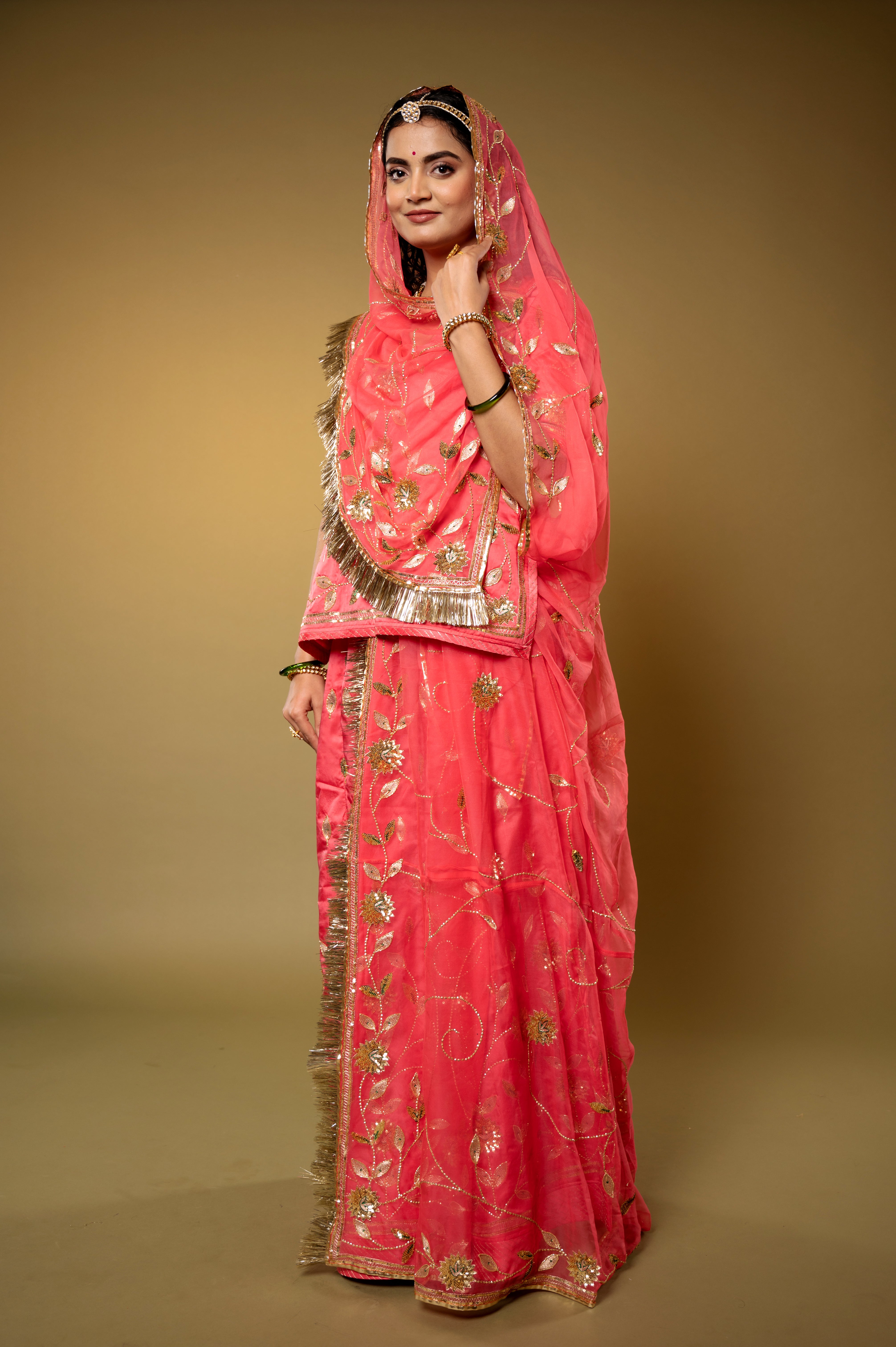 Coral bamber satin Aari Sequins handwork Rajputi Poshak with Pure odhna