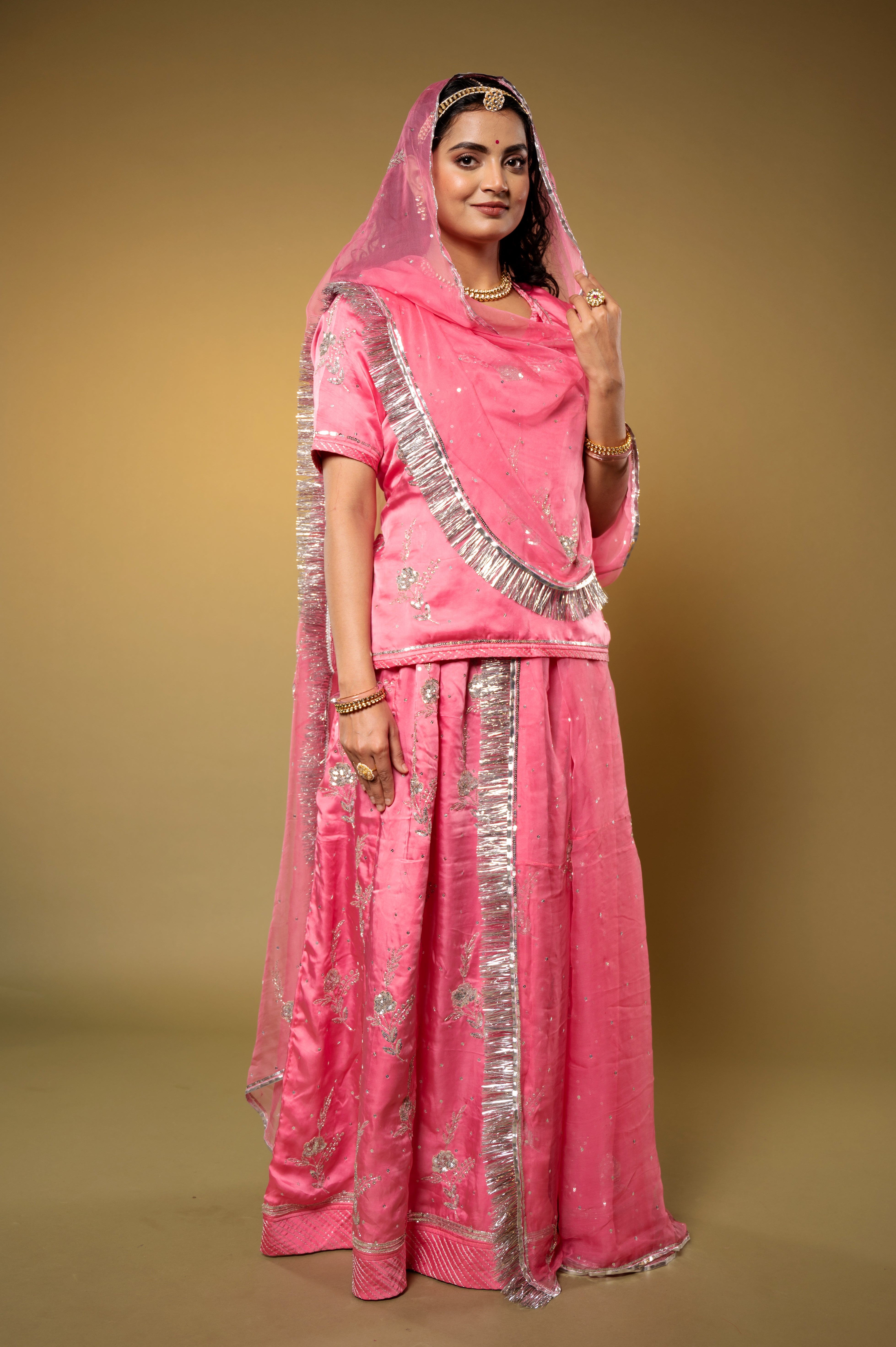 Pink bamber satin aari sequins kar dana handwork Rajputi Poshak with Pure odhna