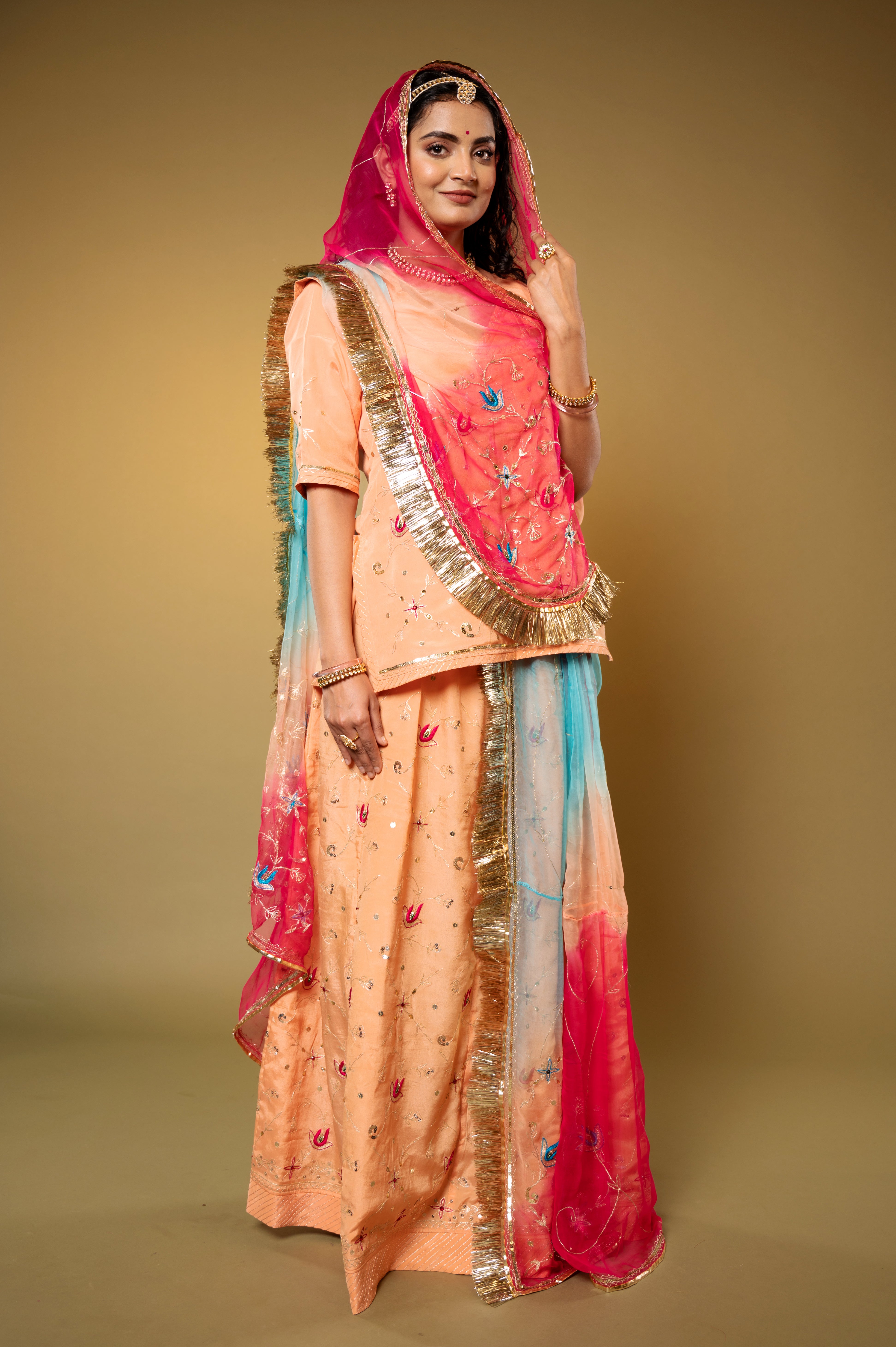 Peach Crepe aari sequins handwork Rajputi Poshak with Pure odhna