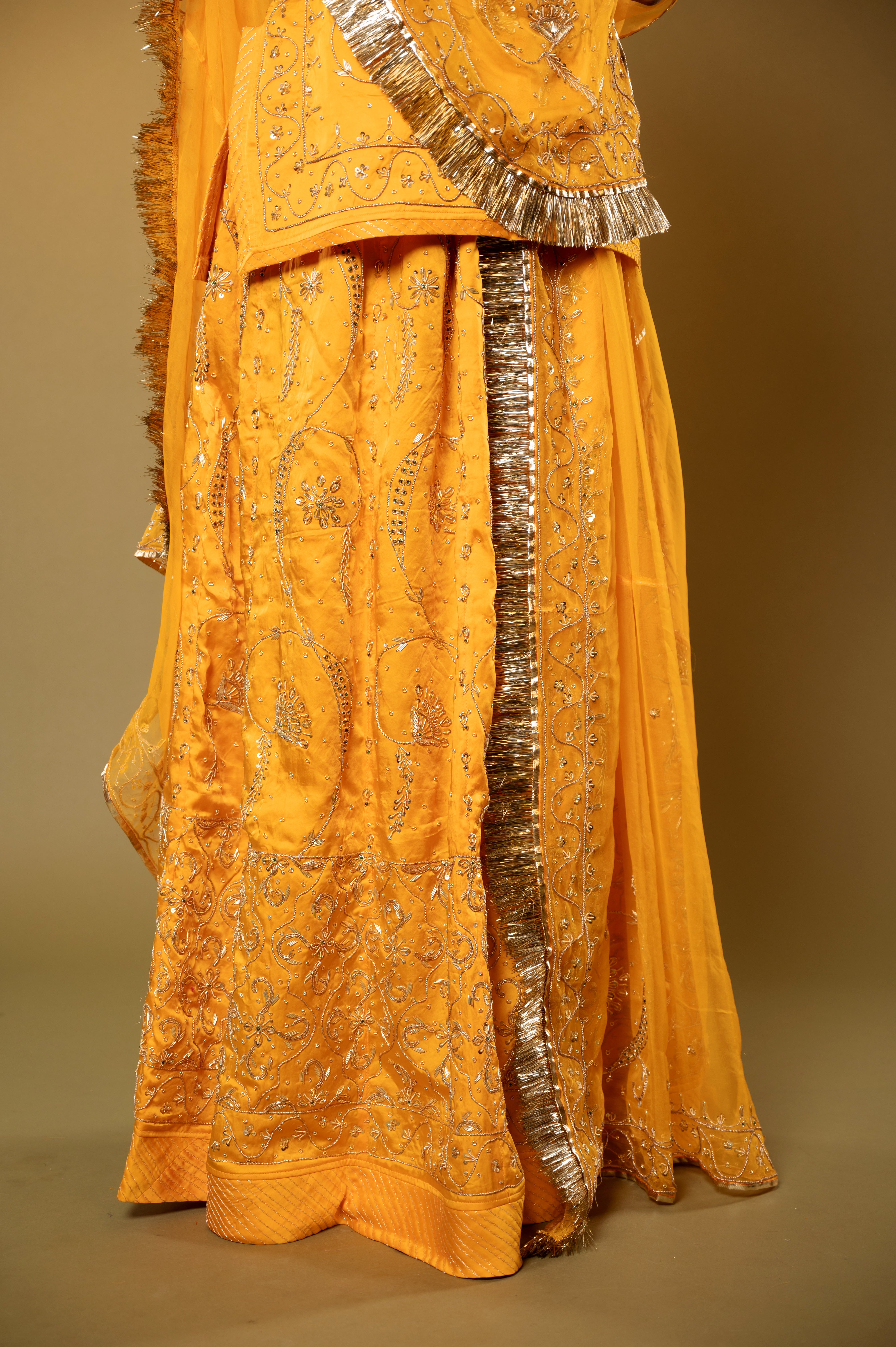 Yellow Bamber Satin Zardozi handwork Rajputi Poshak with Pure odhna
