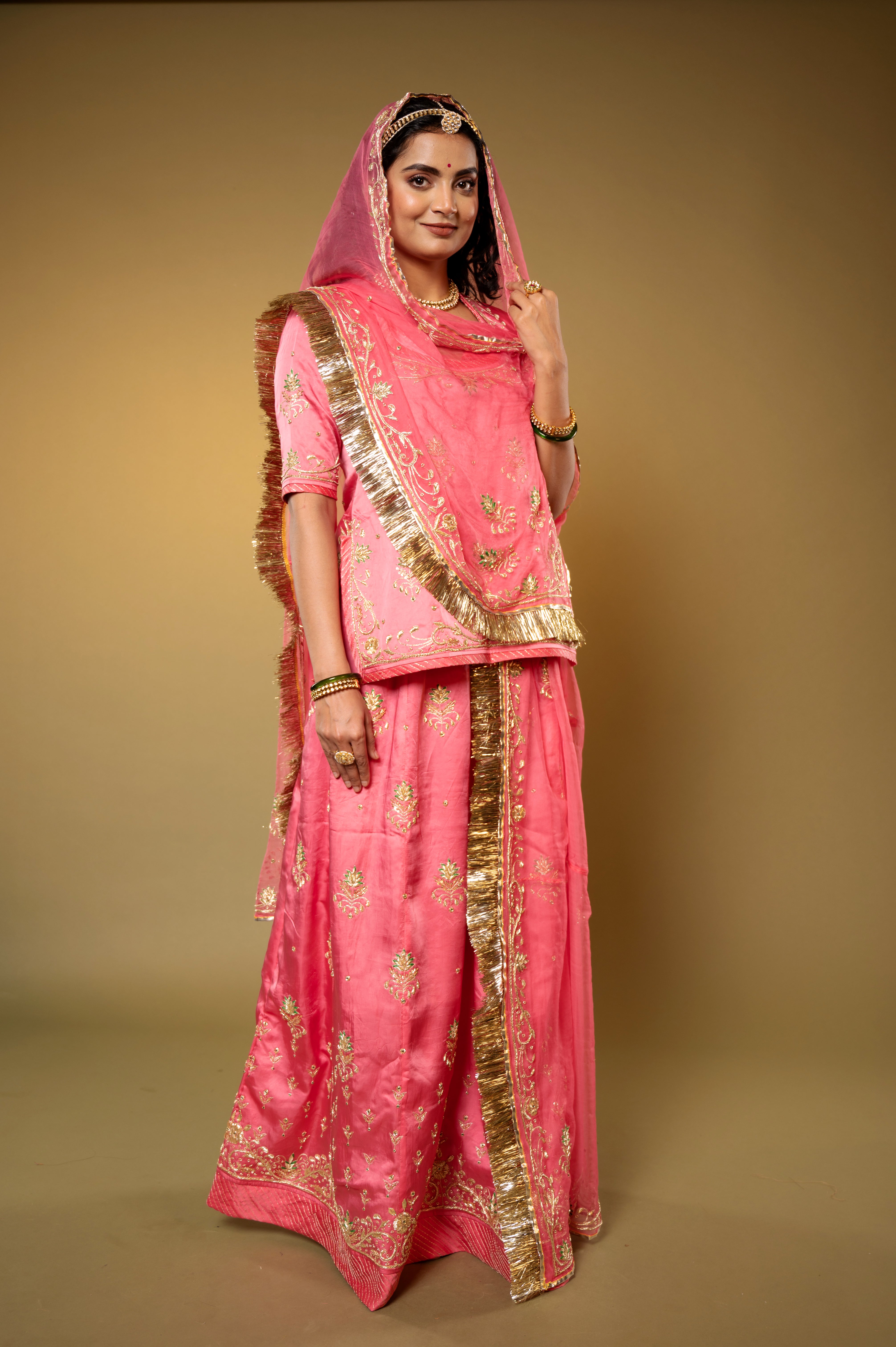 gajri bamber satin aari zardozi handwork Rajputi Poshak with Pure odhna