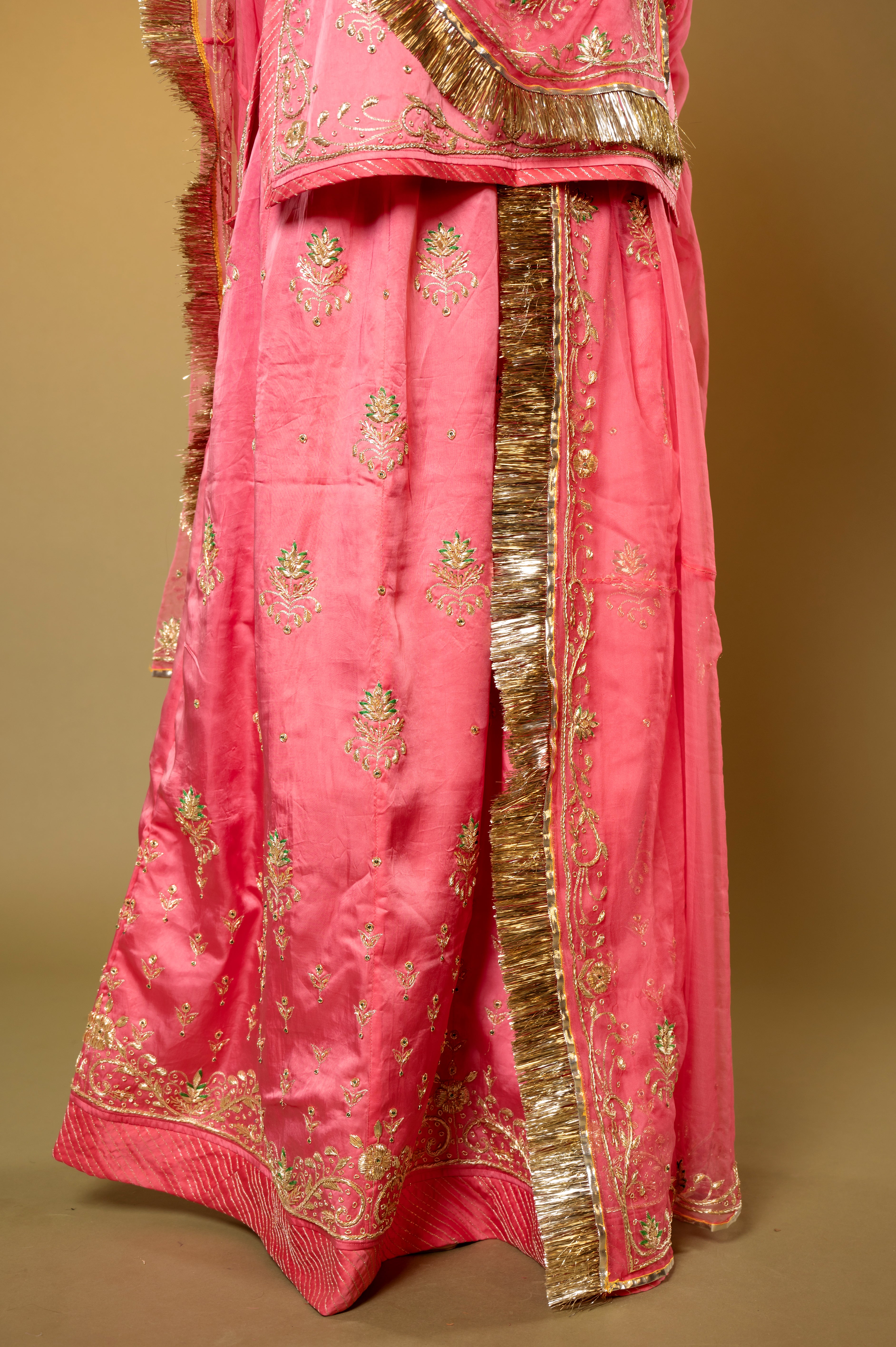 gajri bamber satin aari zardozi handwork Rajputi Poshak with Pure odhna