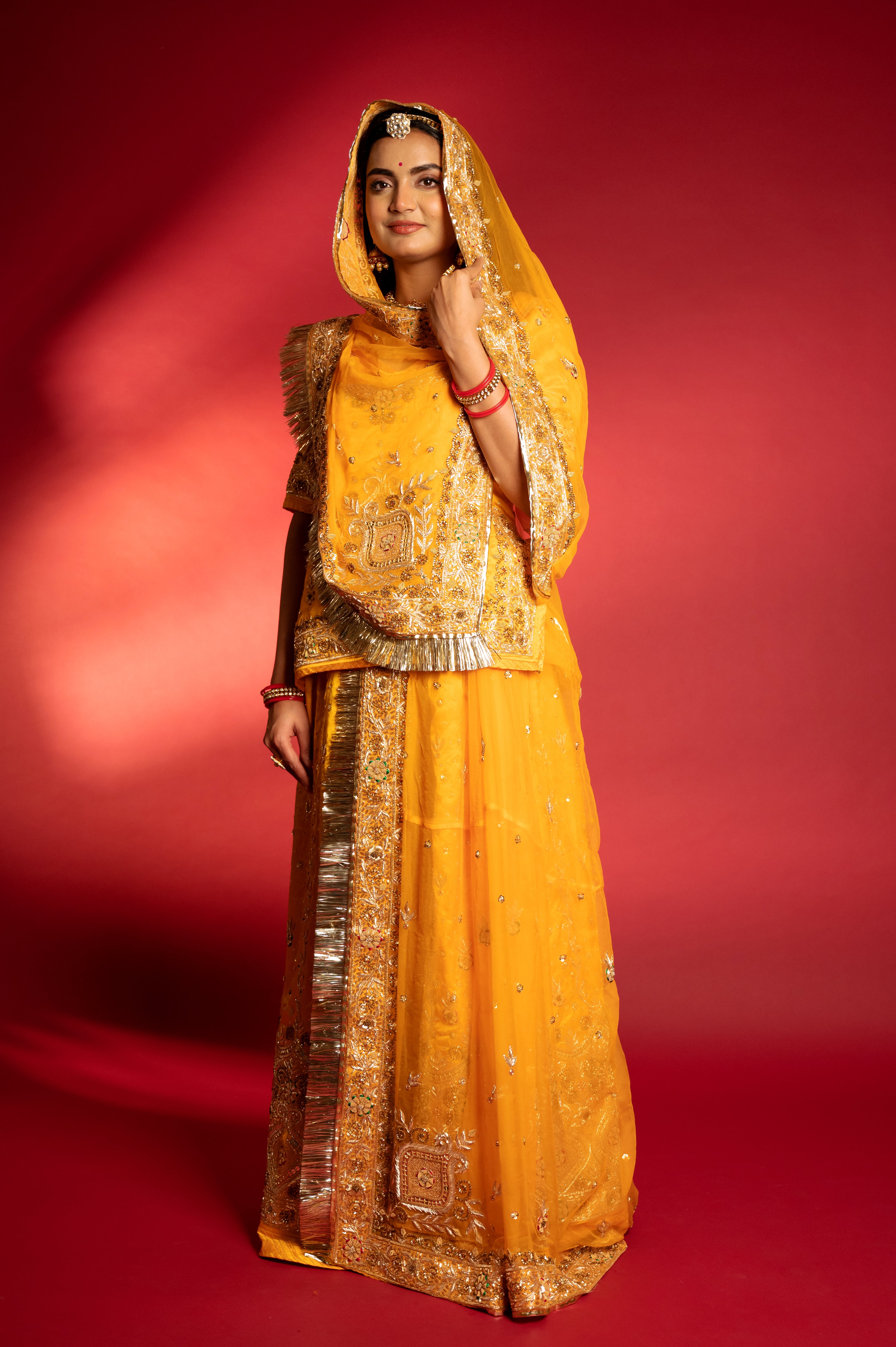 Yellow Pure Silk Satin aari zardozi handwork Rajputi Poshak with Pure odhna