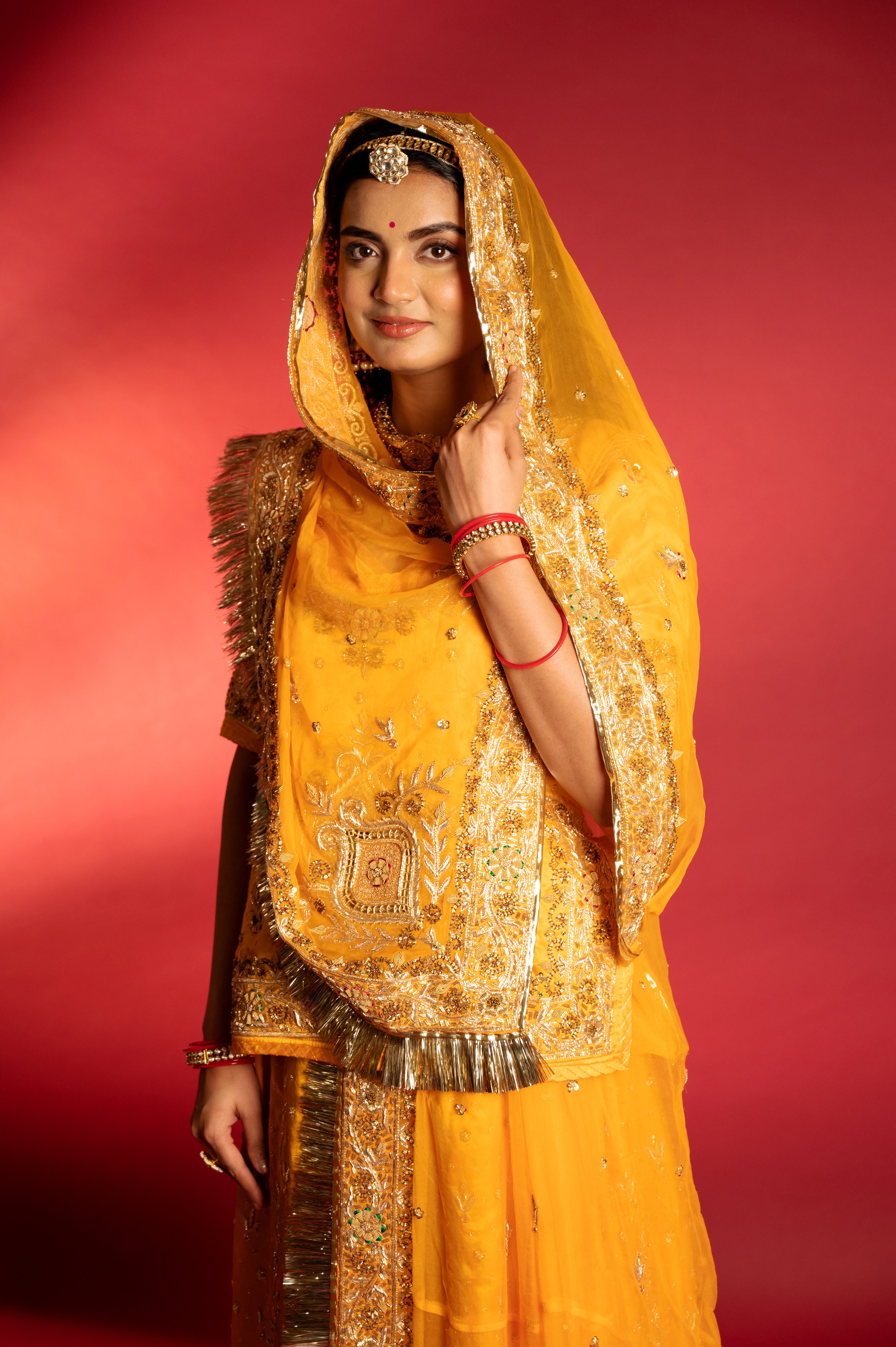 Yellow Pure Silk Satin aari zardozi handwork Rajputi Poshak with Pure odhna