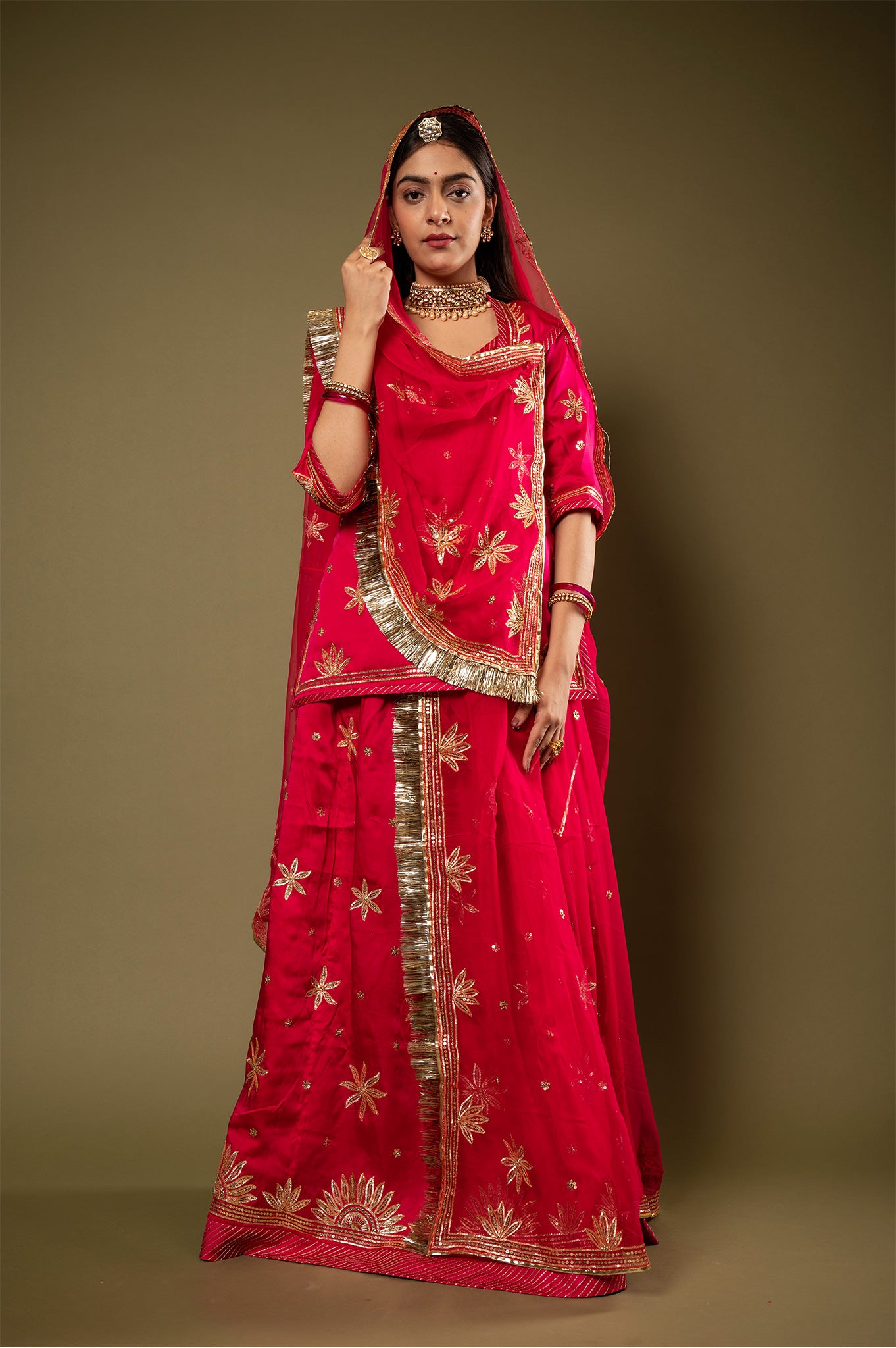 Gajri bamber satin Sikhiya Gotta handwork Rajputi Poshak with Pure odhna