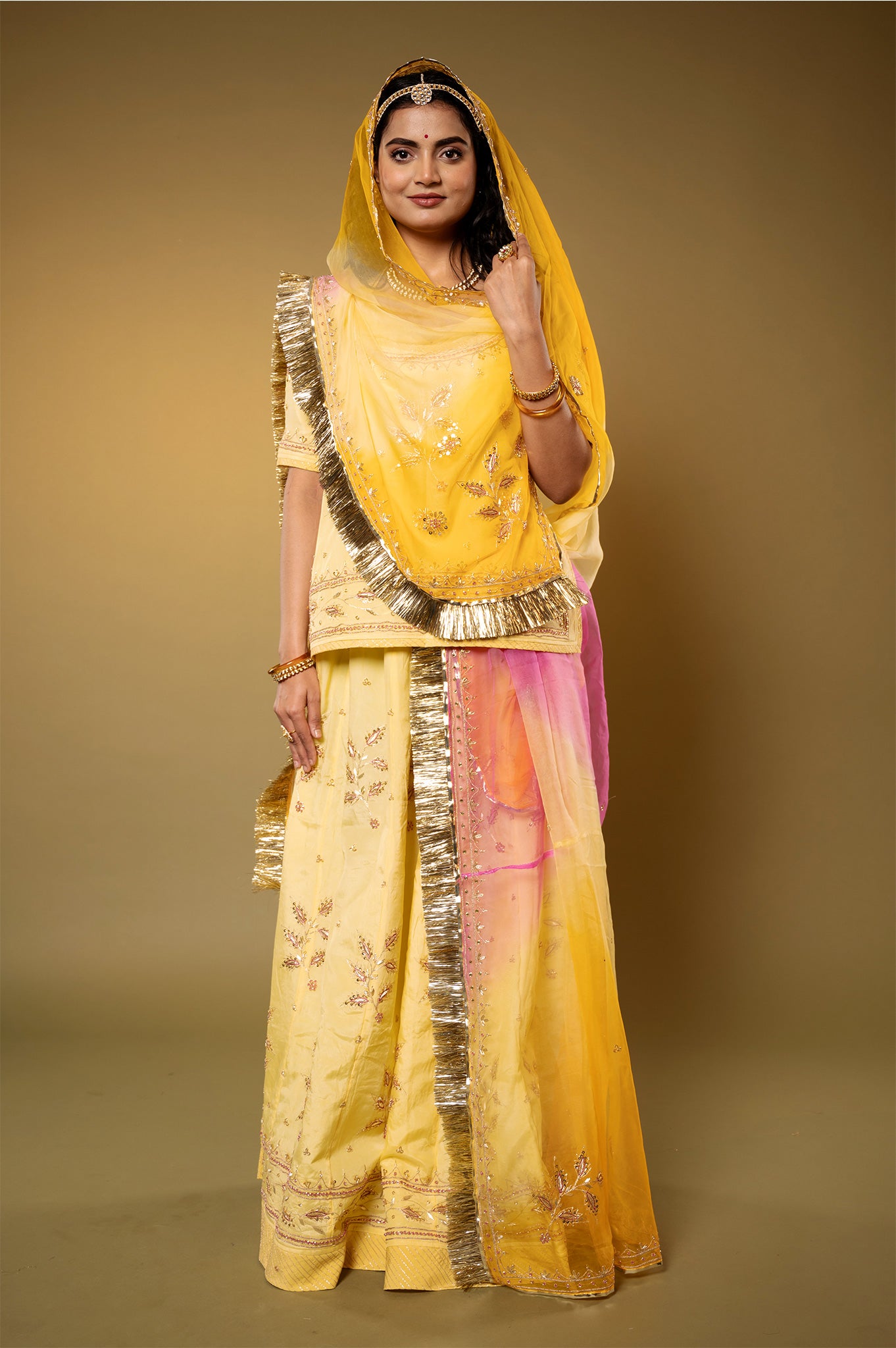 lemon yellow Crepe aari sequins zardozi handwork Rajputi Poshak with Pure odhna