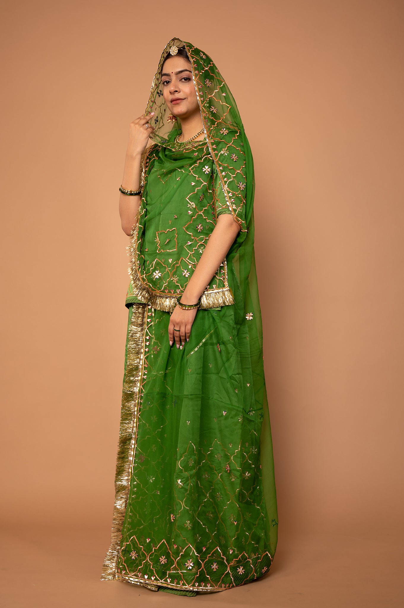 Green Pure Silk Satin Copper Silver Sikhiya Handwork Rajputi Poshak with Pure odhna