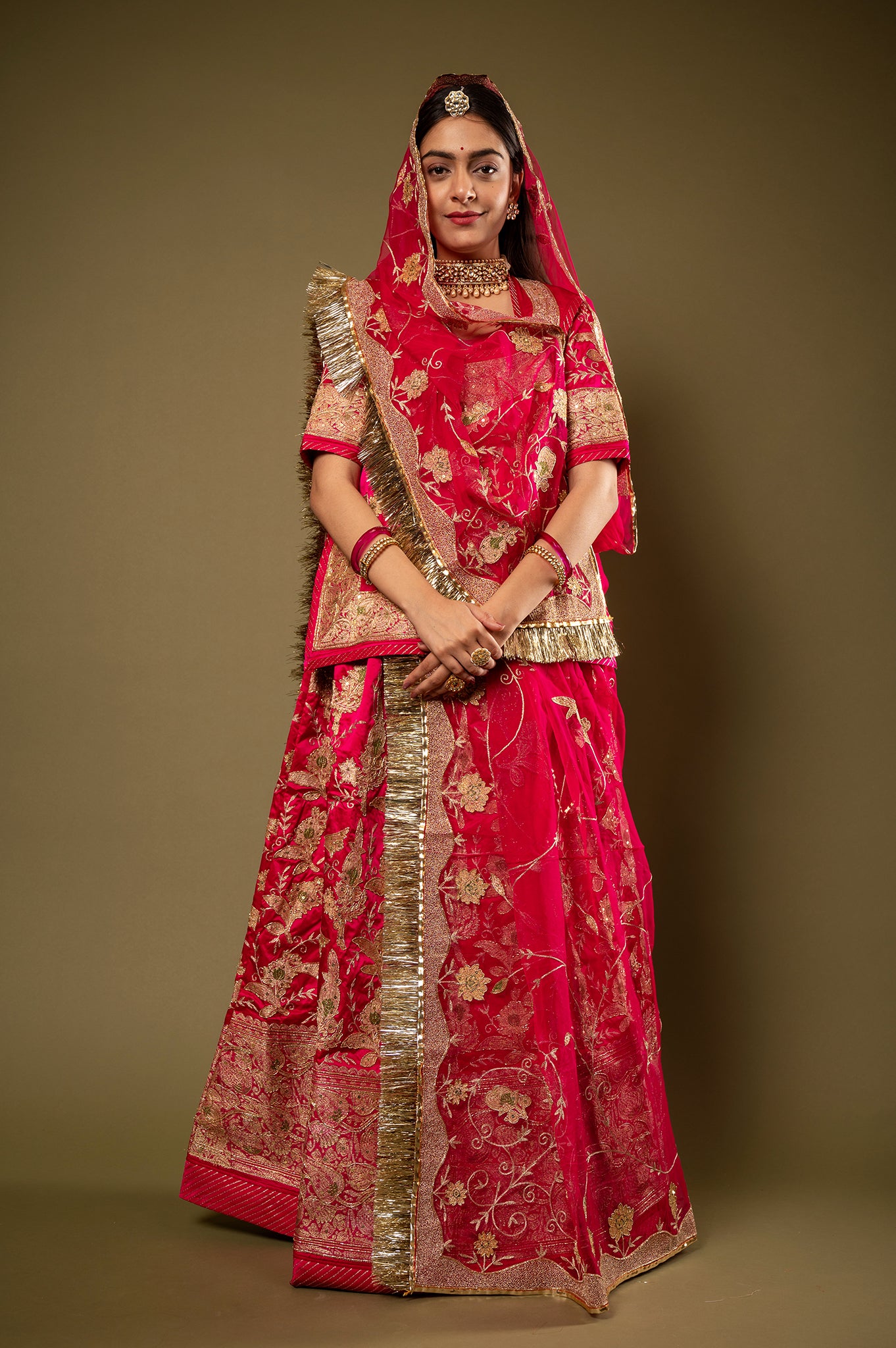 Red Pure Silk Satin Real Silver Chanderi Handwork Rajputi Poshak with Pure odhna