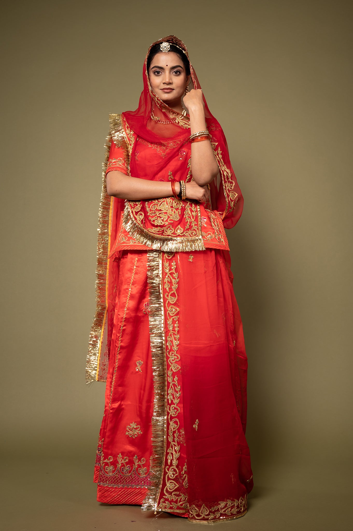 Red Pure Silk Satin Real Silver Kalabatu Handwork Rajputi Poshak with Pure odhna