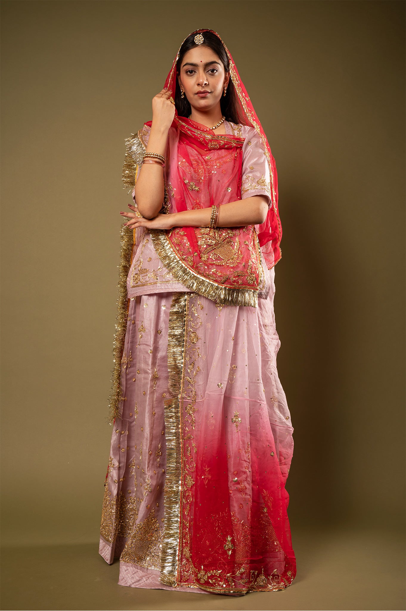Pink Shaded Odhana Pure Tissue Zardozi Border butti handwork Rajputi Poshak with Pure odhna