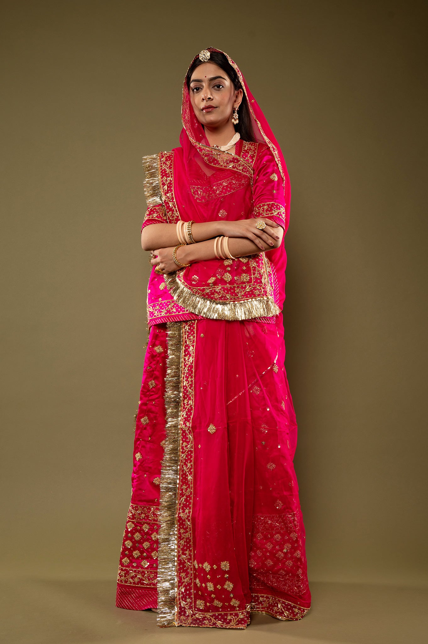 Rani bamber satin Zardozi Border Butti handwork Rajputi Poshak with Pure odhna