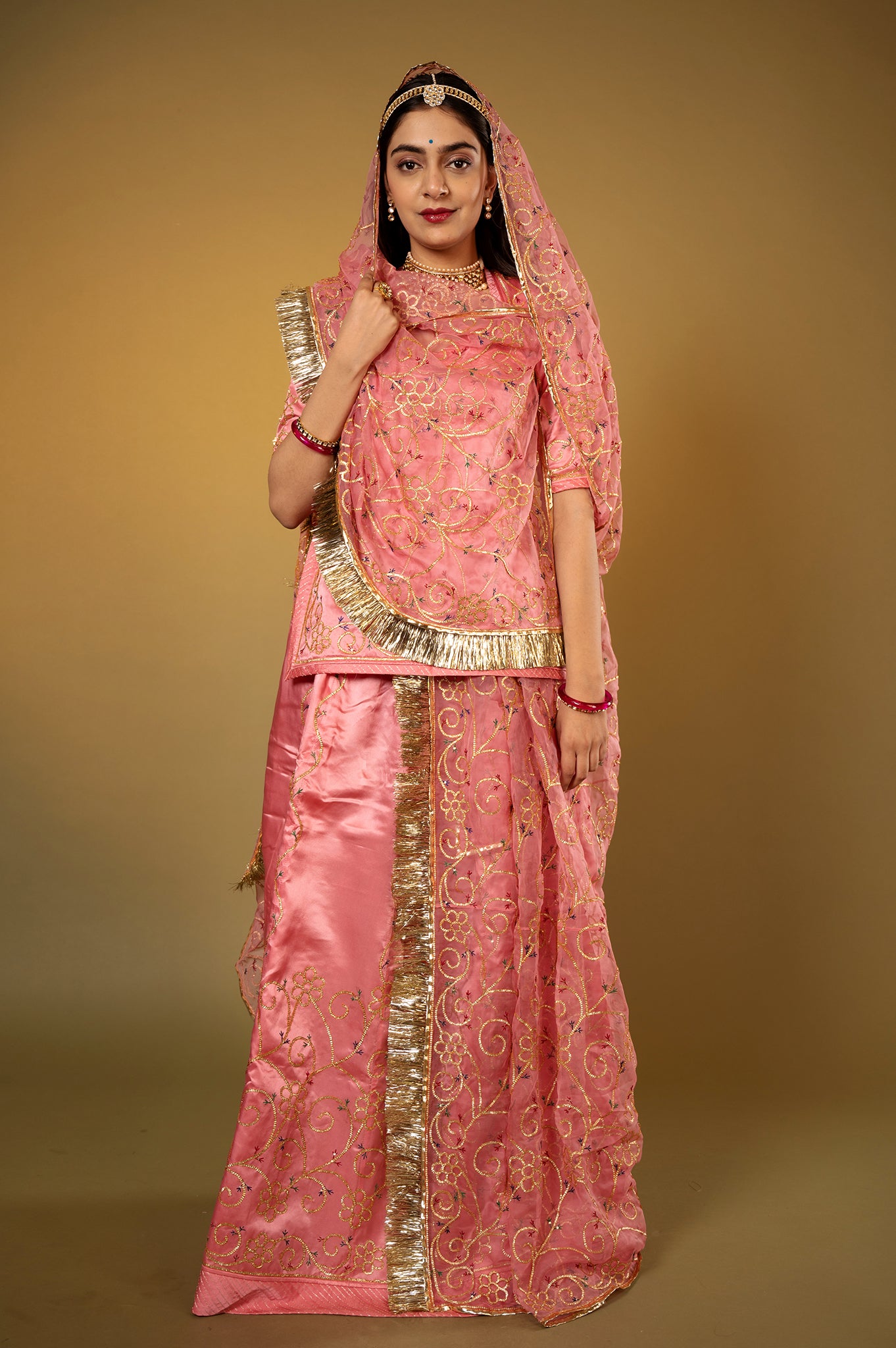 Pink Gajri Pure Silk Satin Real Silver Sikhiya Handwork Rajputi Poshak with Pure odhna