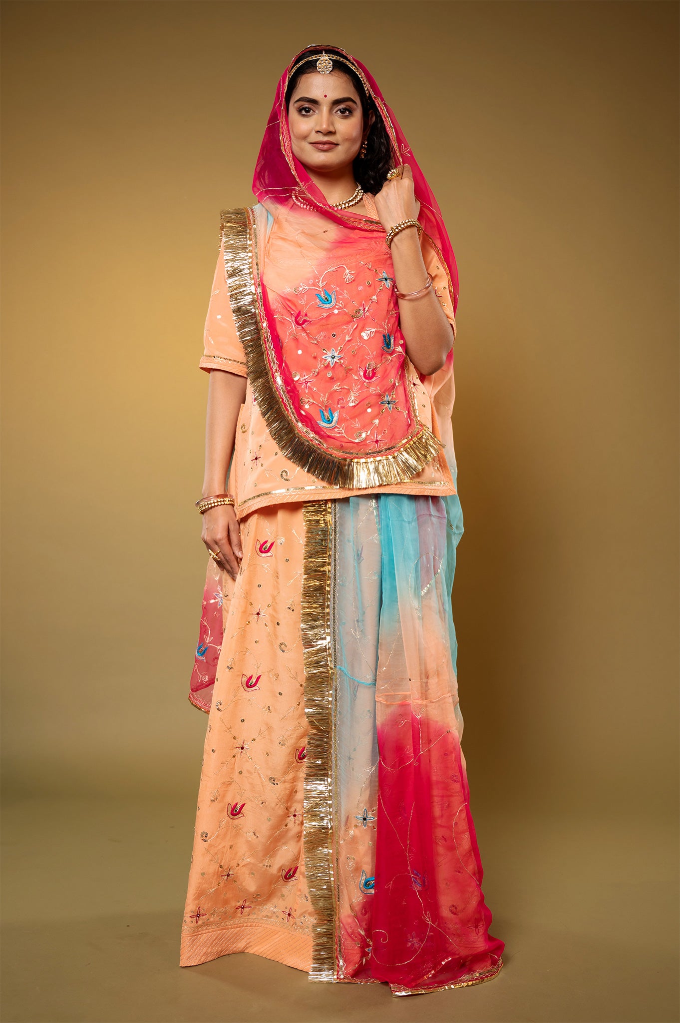 Peach Crepe aari sequins handwork Rajputi Poshak with Pure odhna