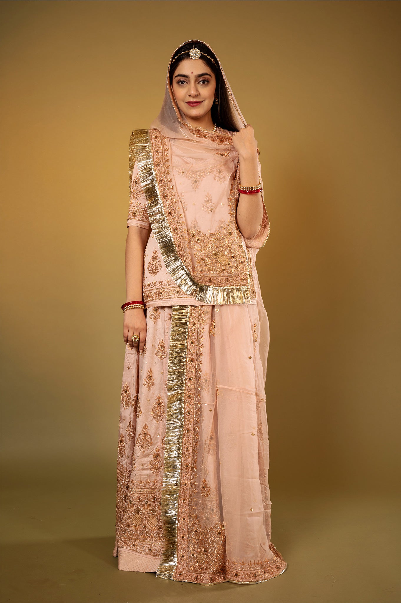 blush pink Pure Silk Satin zardozi handwork Rajputi Poshak with Pure odhna