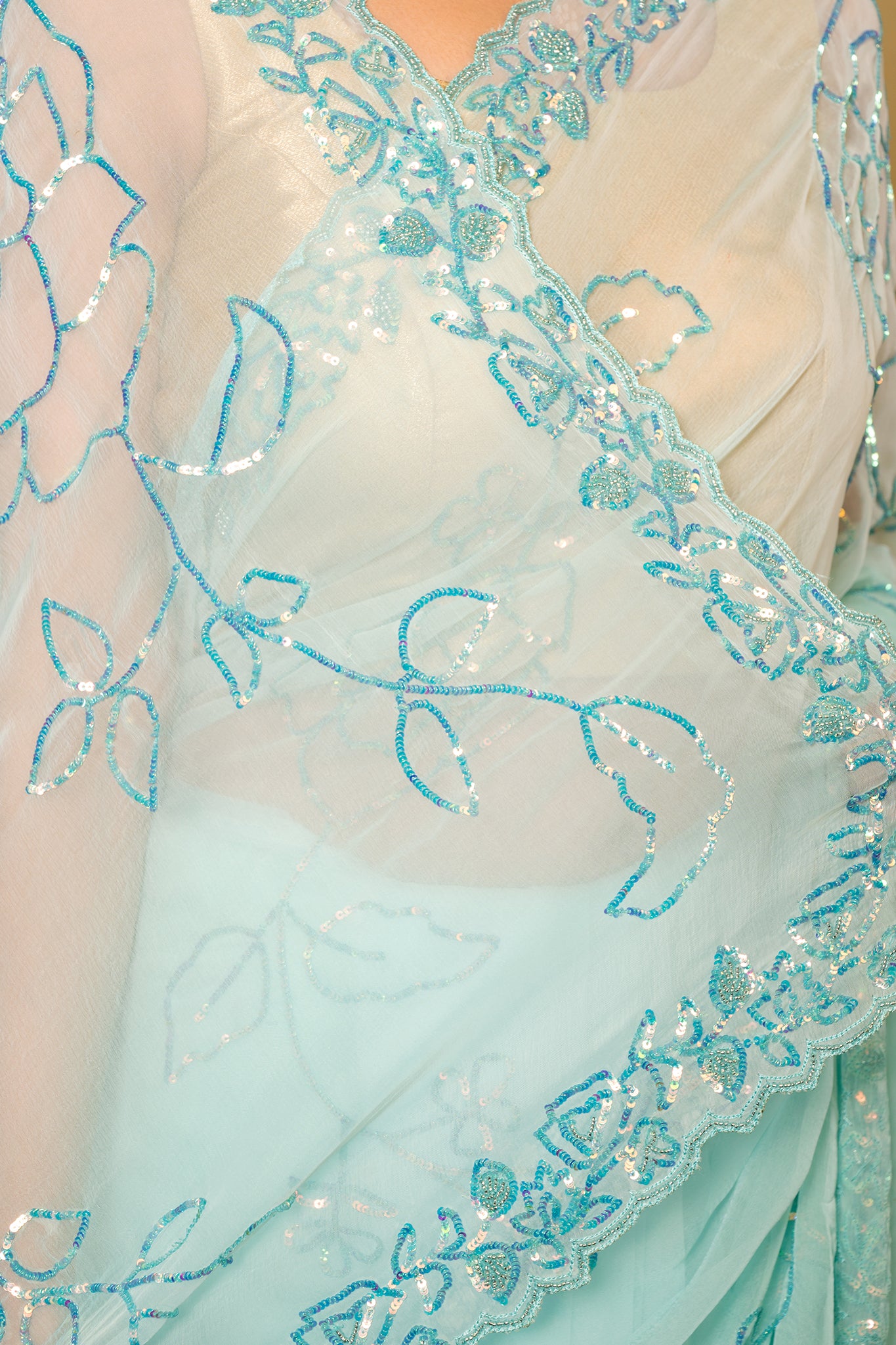 sky blue Viscose Chiffon sequins handwork party wear saree