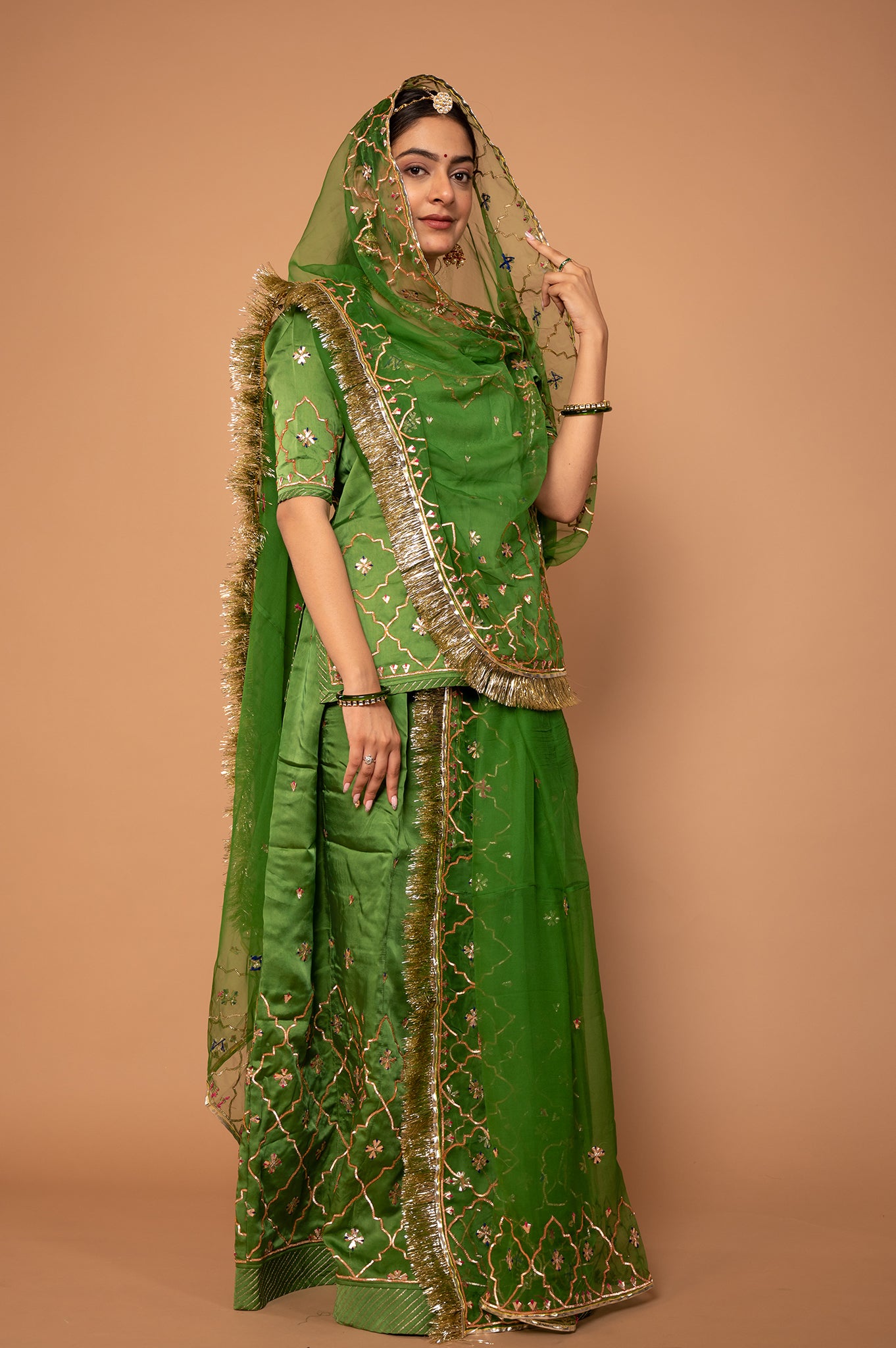 Green Pure Silk Satin Copper Silver Sikhiya Handwork Rajputi Poshak with Pure odhna