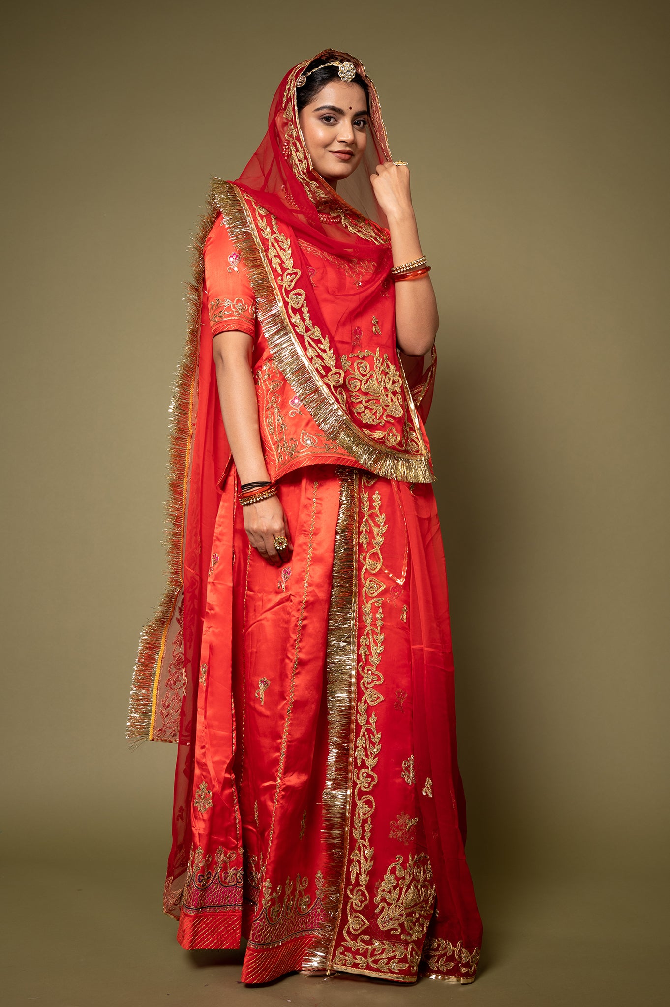 Red Pure Silk Satin Real Silver Kalabatu Handwork Rajputi Poshak with Pure odhna