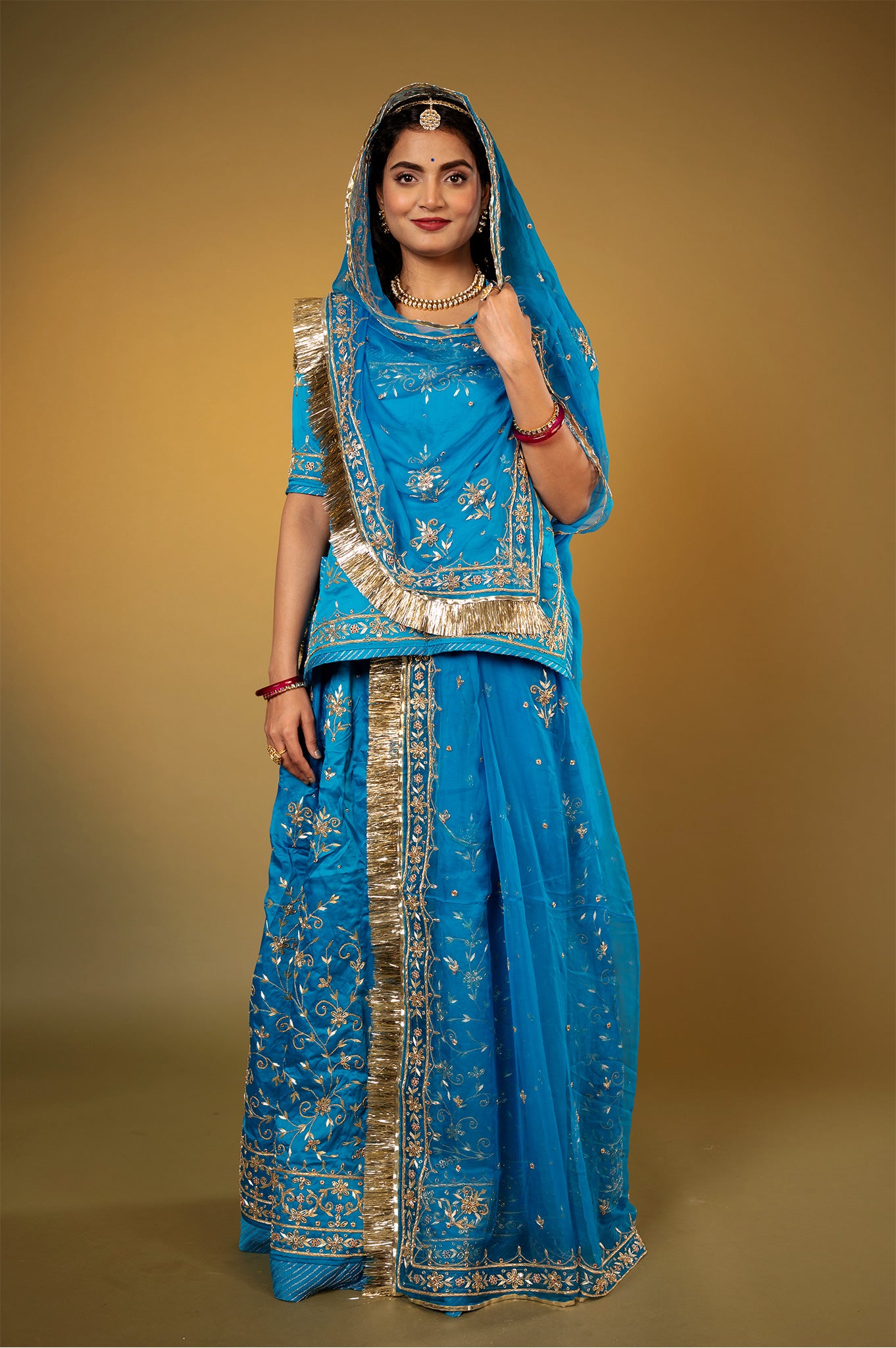 blue bamber satin zardozi handwork Rajputi Poshak with Pure odhna