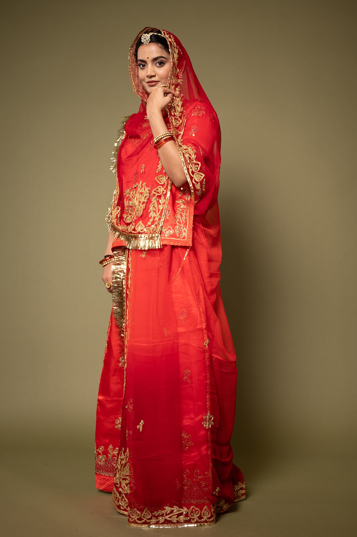 Red Pure Silk Satin Real Silver Kalabatu Handwork Rajputi Poshak with Pure odhna