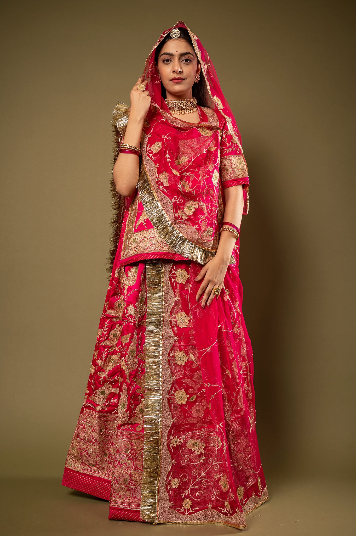 Red Pure Silk Satin Real Silver Chanderi Handwork Rajputi Poshak with Pure odhna