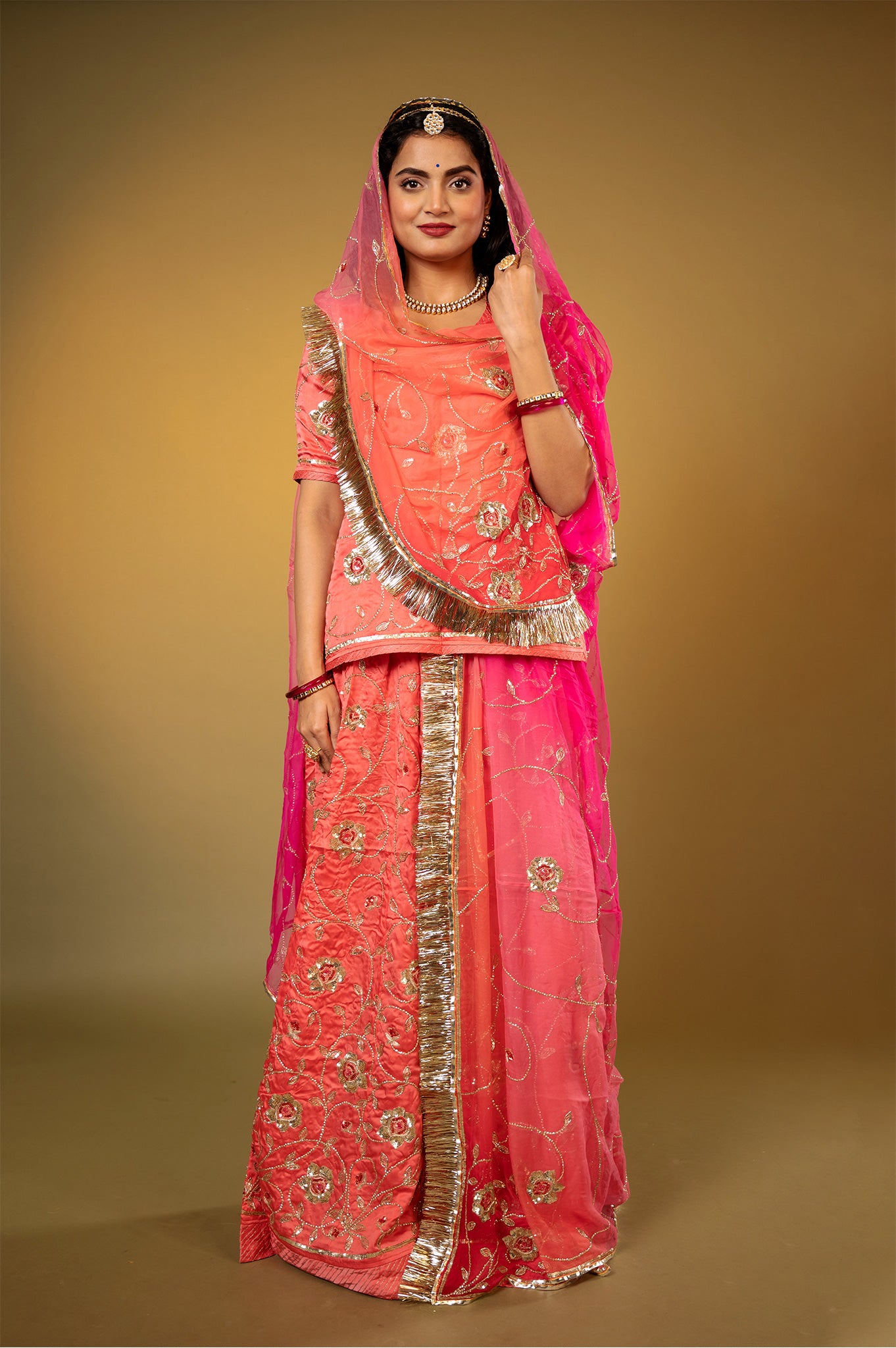 Coral bamber satin Aari Sequins handwork Rajputi Poshak with Pure odhna