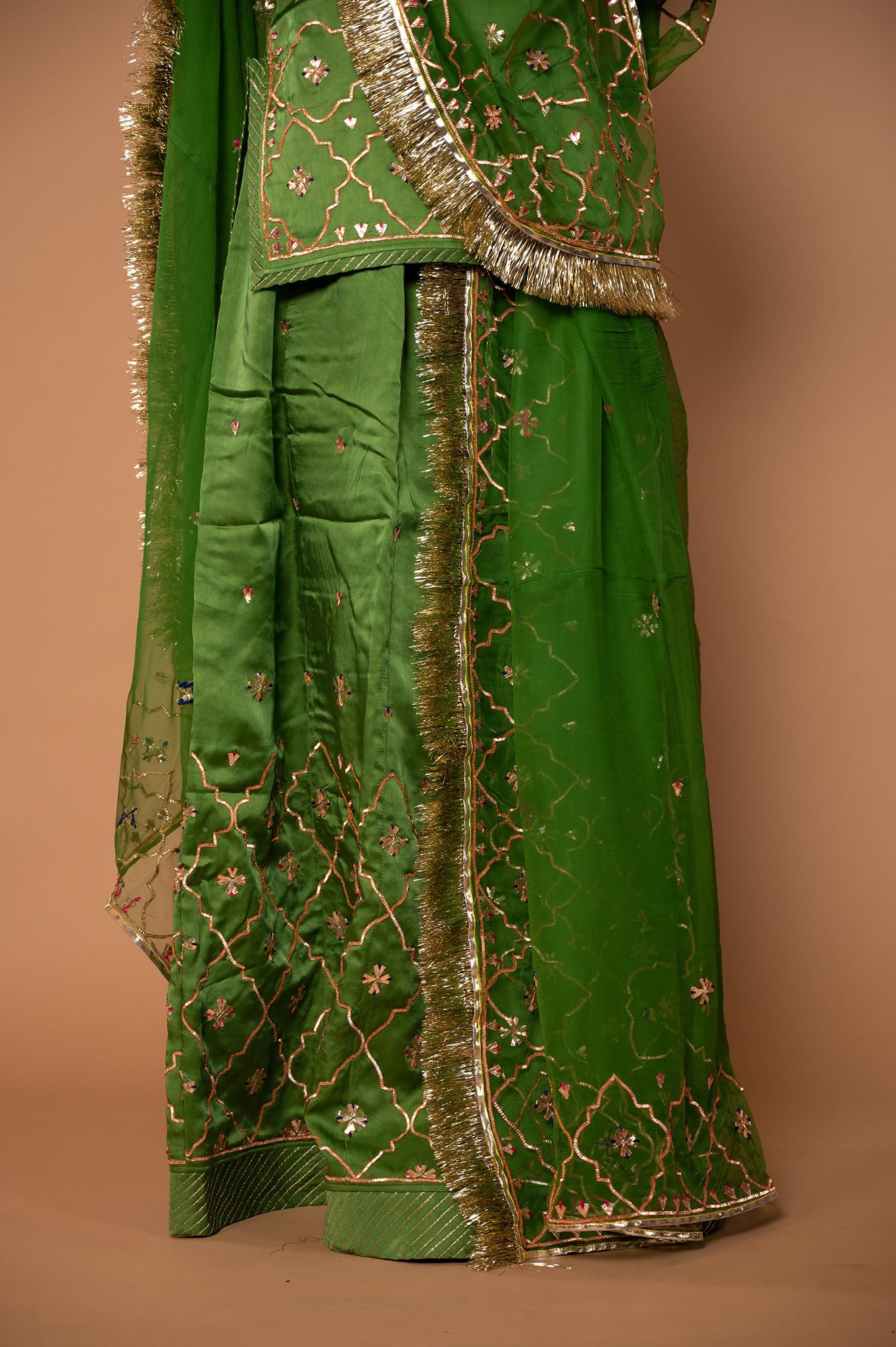 Green Pure Silk Satin Copper Silver Sikhiya Handwork Rajputi Poshak with Pure odhna