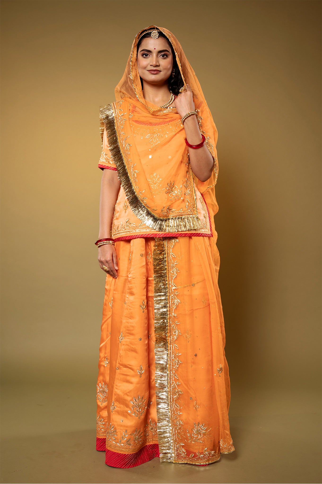 orange bamber satin sikhiya zardozi handwork Rajputi Poshak with Pure odhna