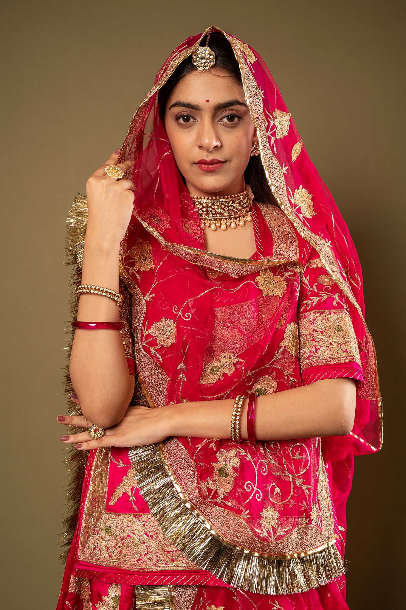 Red Pure Silk Satin Real Silver Chanderi Handwork Rajputi Poshak with Pure odhna