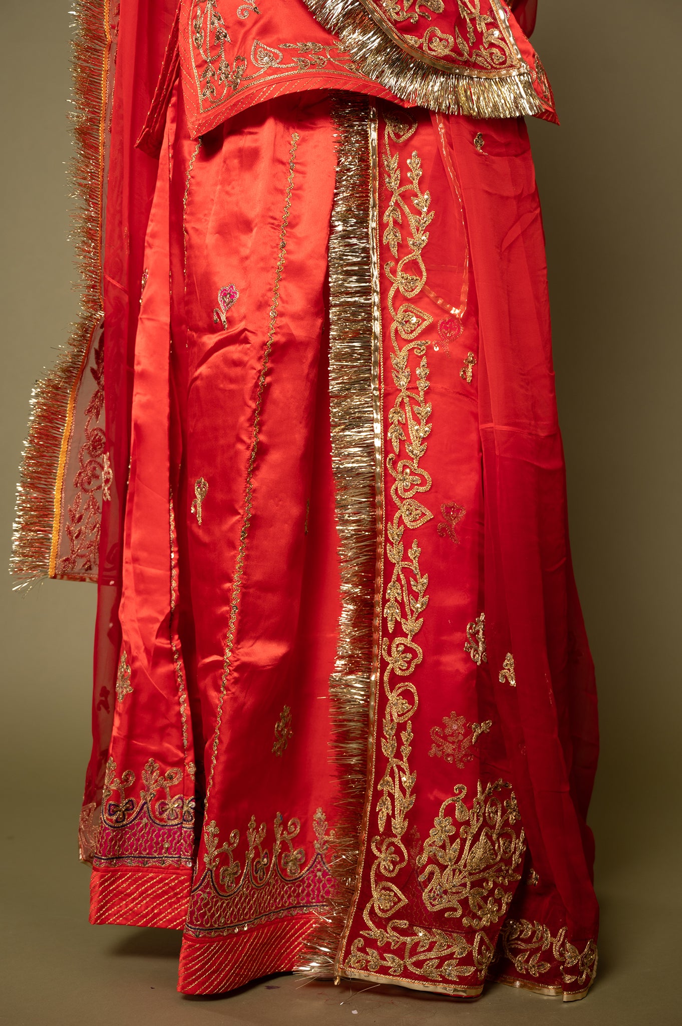 Red Pure Silk Satin Real Silver Kalabatu Handwork Rajputi Poshak with Pure odhna