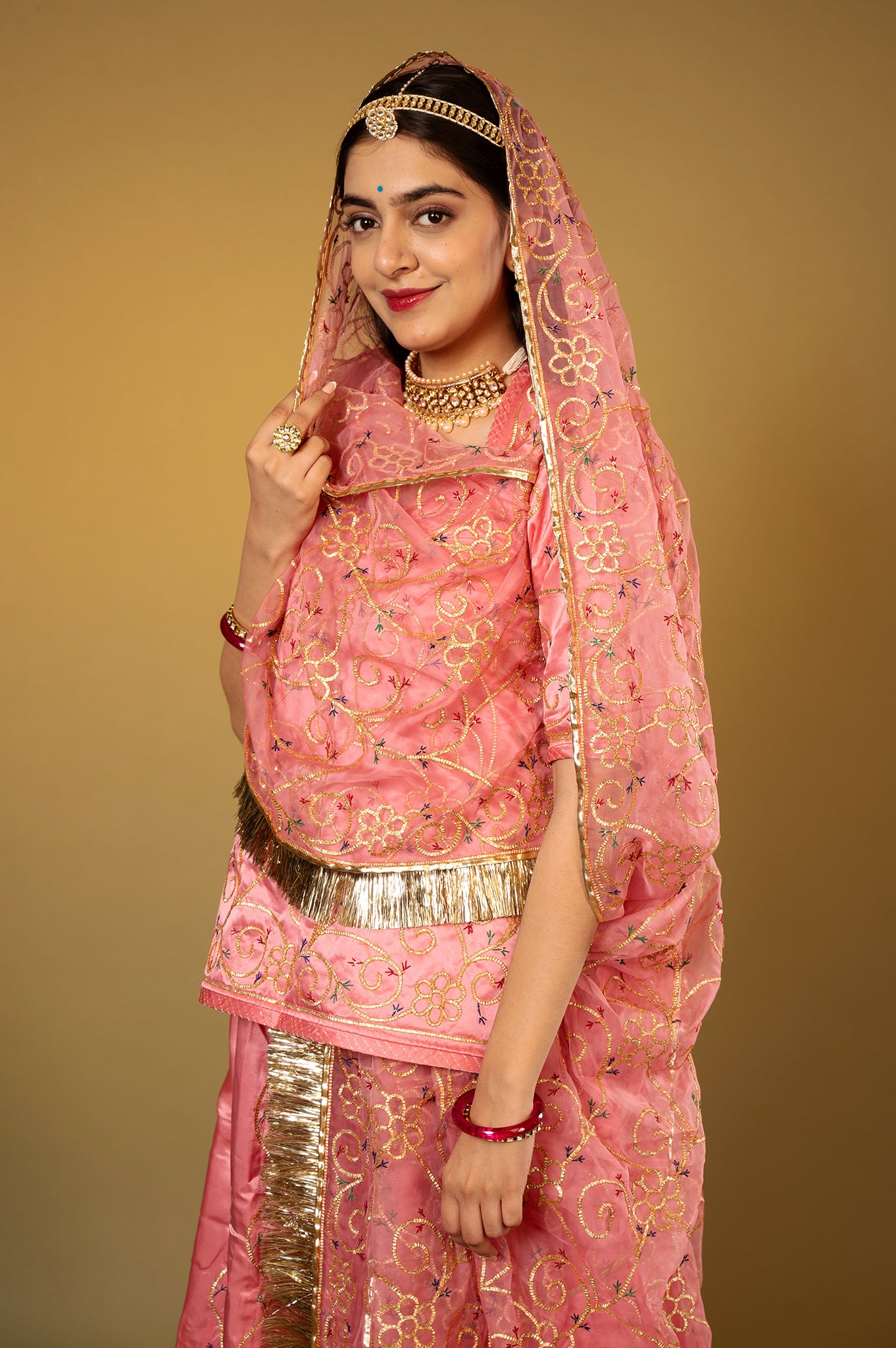 Pink Gajri Pure Silk Satin Real Silver Sikhiya Handwork Rajputi Poshak with Pure odhna
