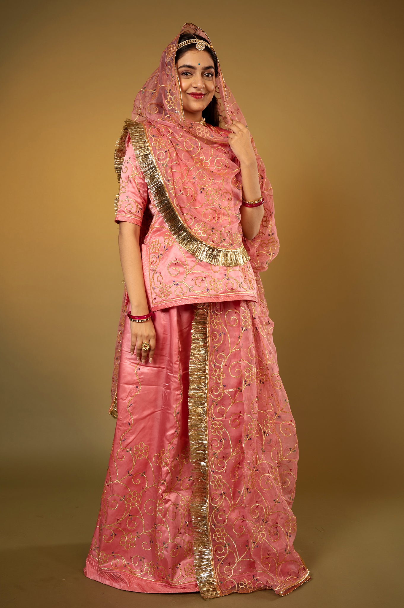Pink Gajri Pure Silk Satin Real Silver Sikhiya Handwork Rajputi Poshak with Pure odhna
