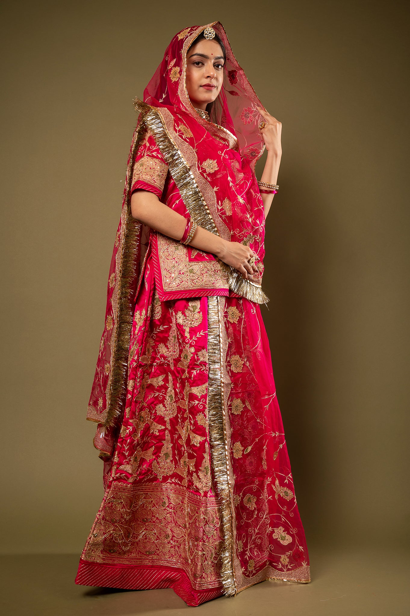 Red Pure Silk Satin Real Silver Chanderi Handwork Rajputi Poshak with Pure odhna