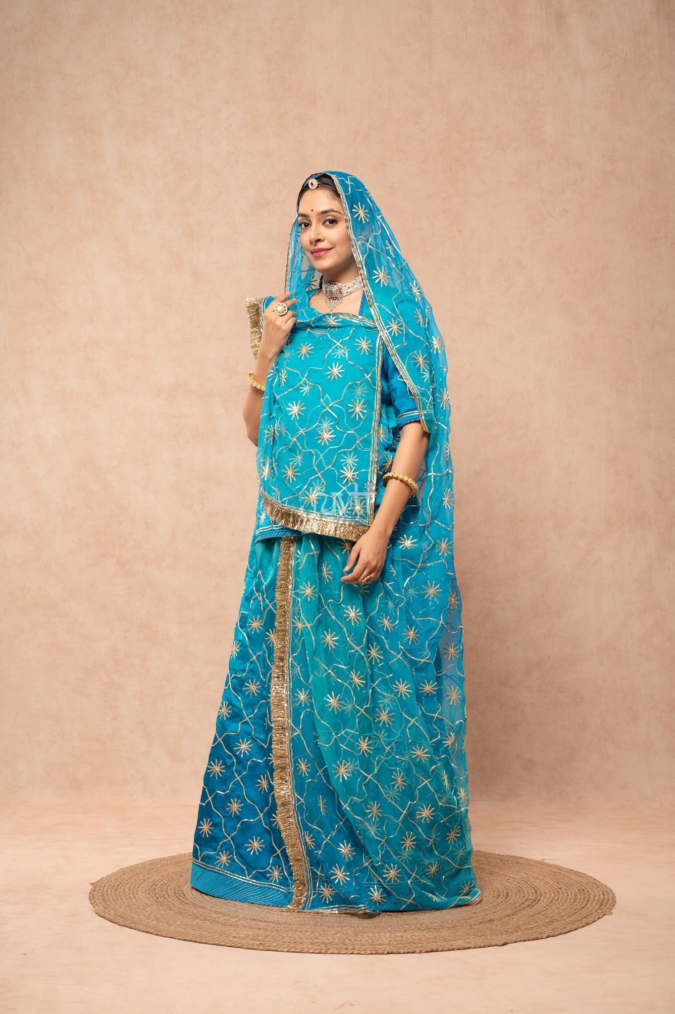 Firozi Bue Bamber Satin Sikhiya Gotta work Poshak with Pure Odhana (unstitched)