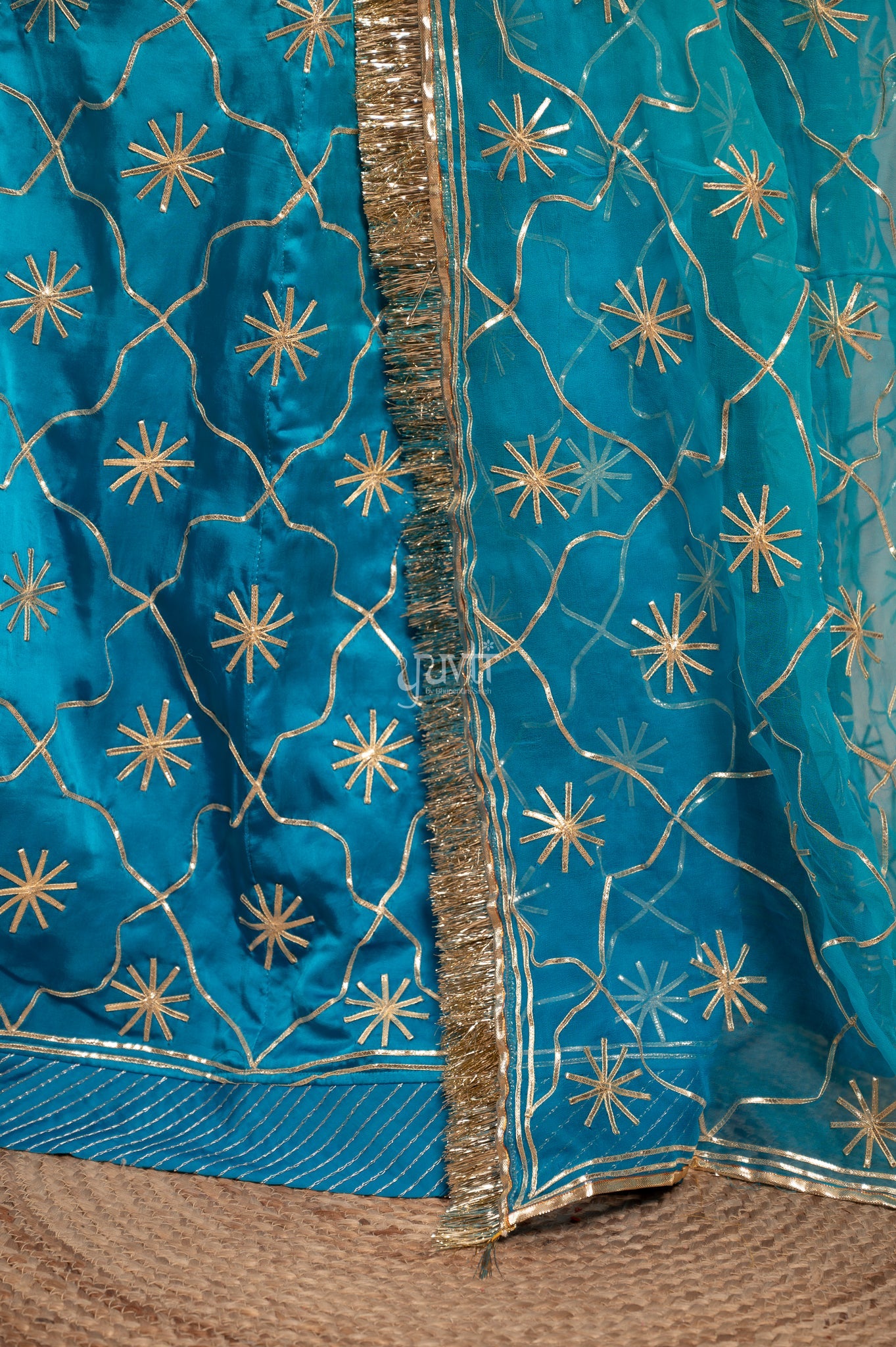 Firozi Bue Bamber Satin Sikhiya Gotta work Poshak with Pure Odhana (unstitched)