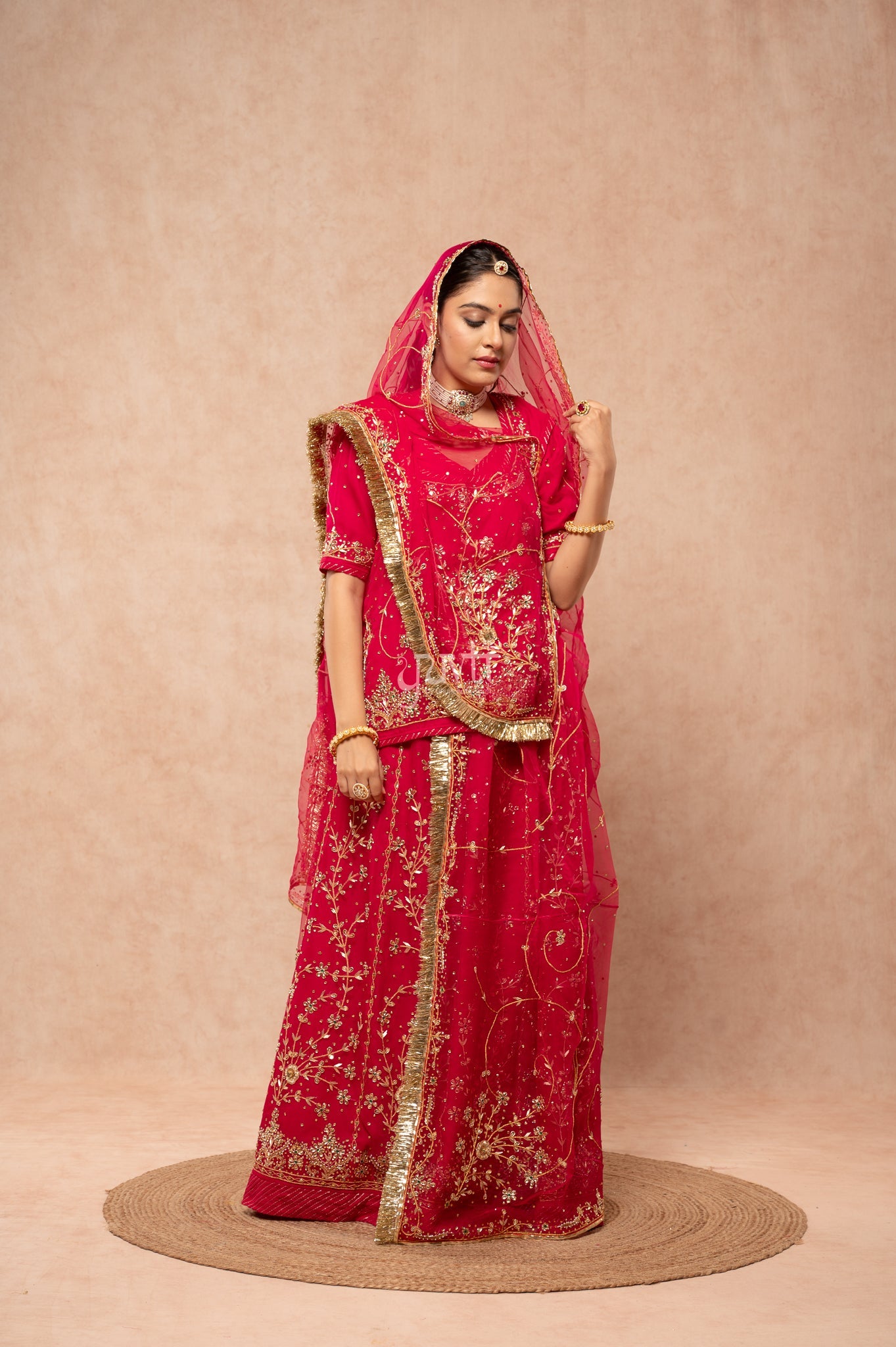 Rani Pure Georgette Kundan Kardana Zardozi Handwork Poshak with Pure Odhana (unstitched)