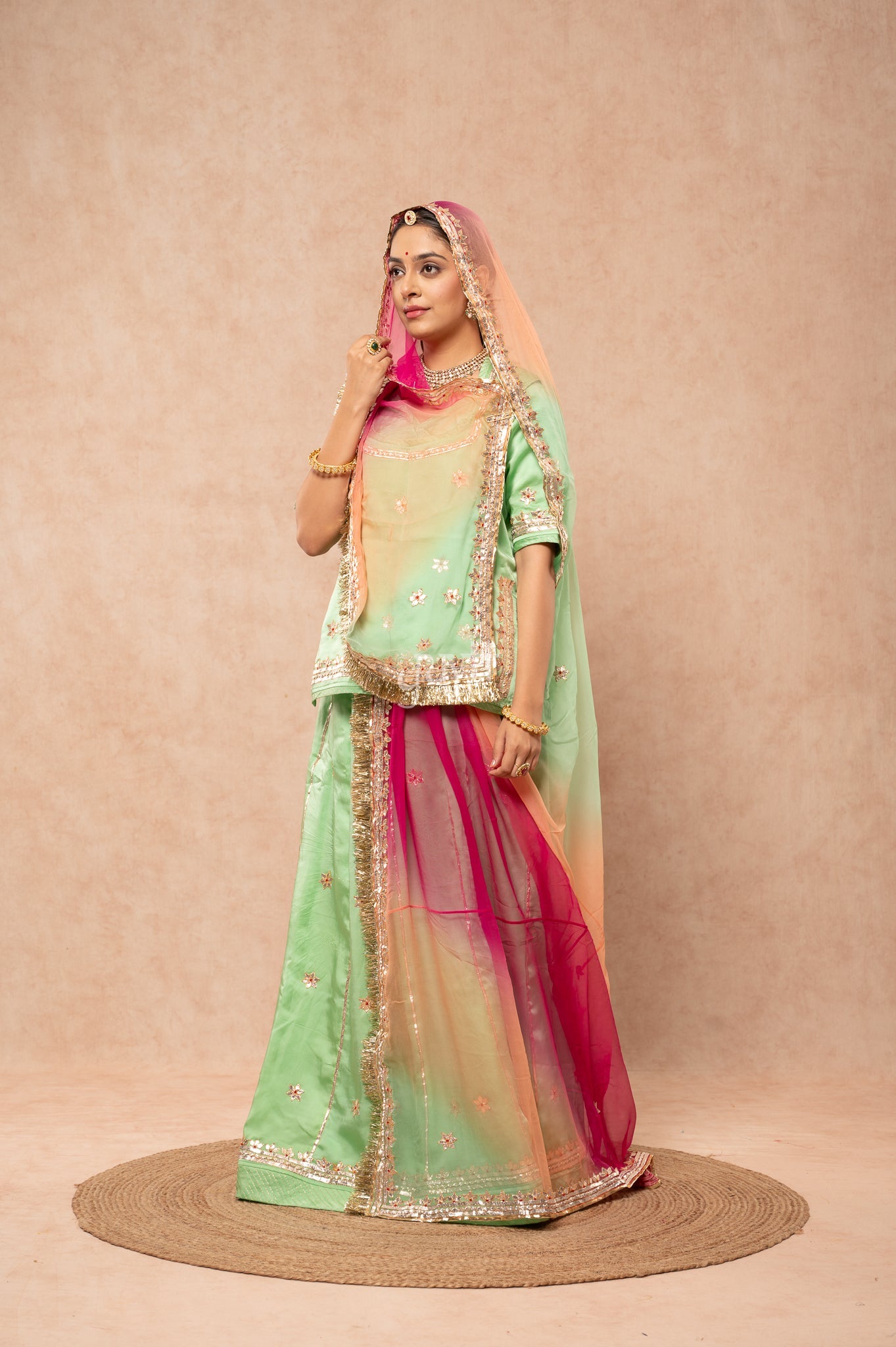 Pista Green Bamber Satin Gotta Patti Dhora work Poshak with Pure Odhana (unstitched)