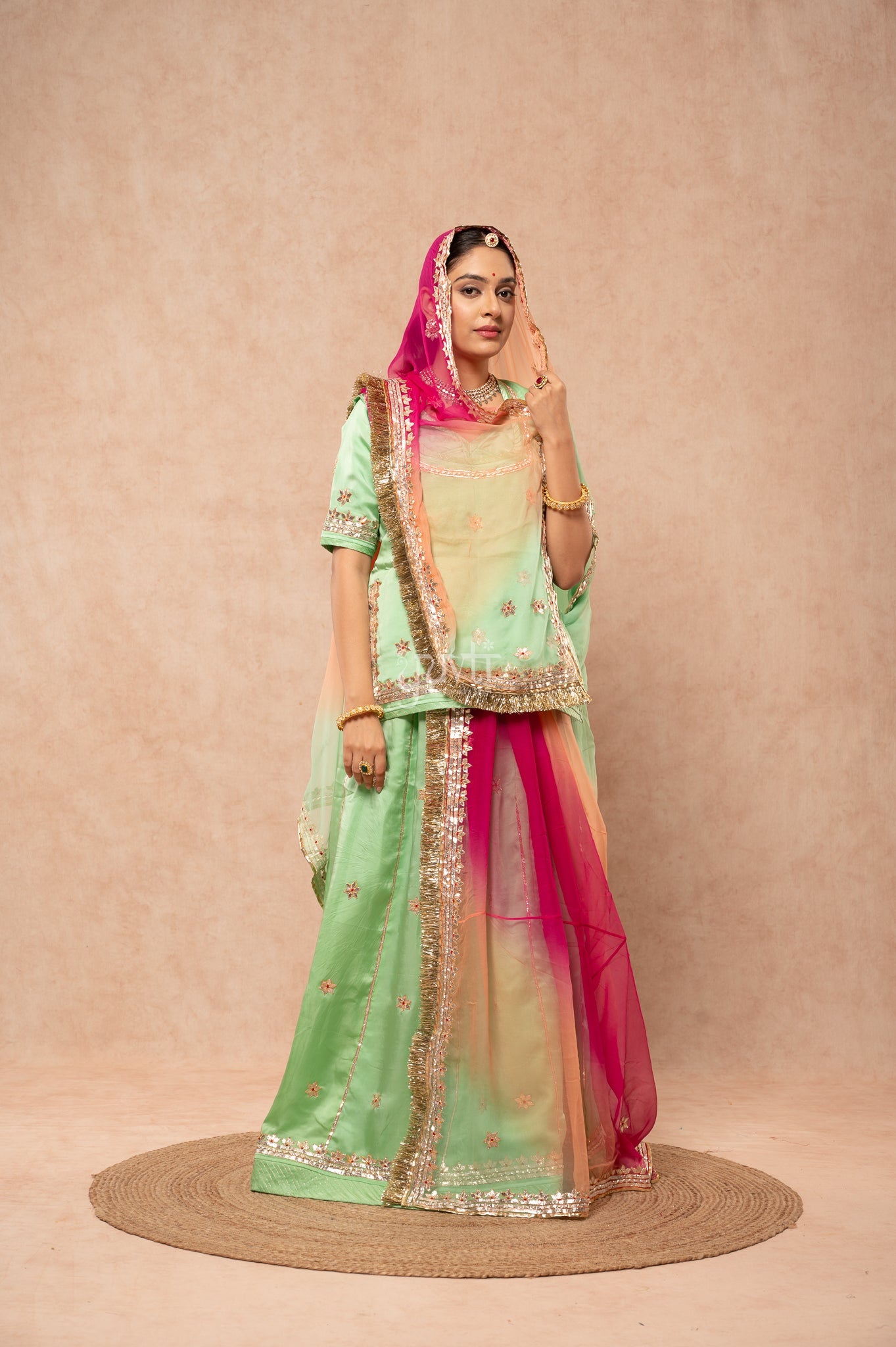 Pista Green Bamber Satin Gotta Patti Dhora work Poshak with Pure Odhana (unstitched)