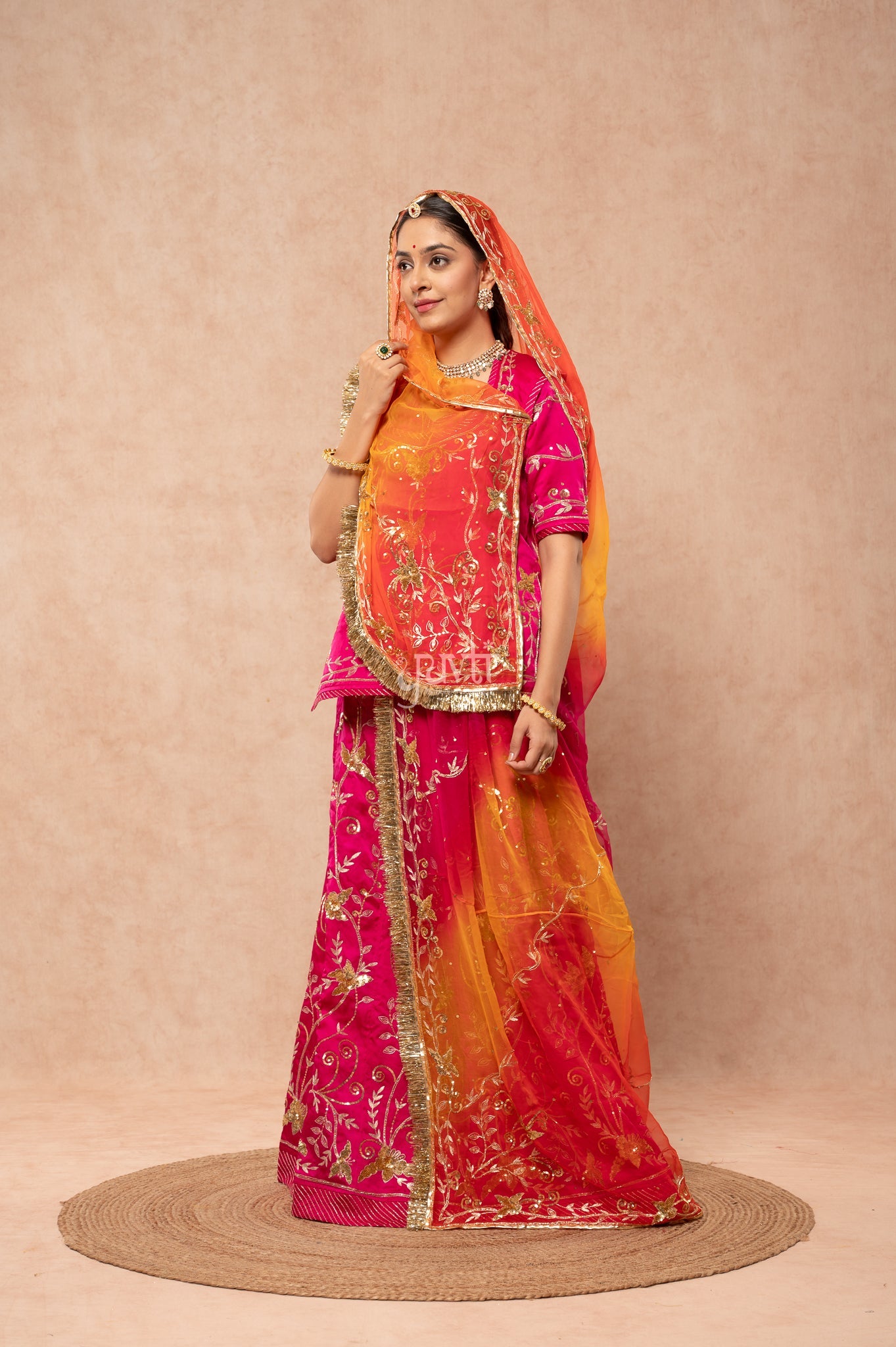 Rani Bamber Satin Aari Sequins Handwork Poshak with Pure Multi Odhana (unstitched)