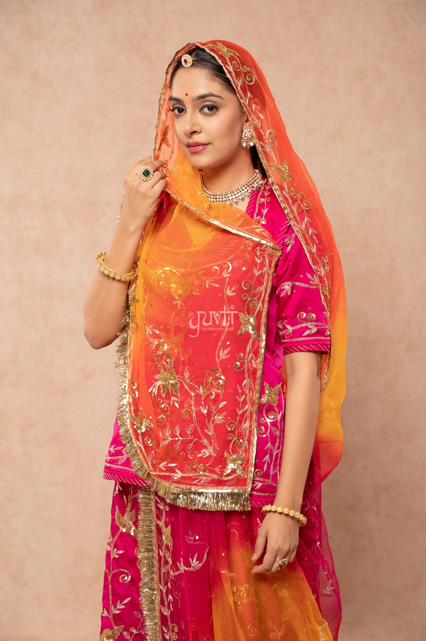 Rani Bamber Satin Aari Sequins Handwork Poshak with Pure Multi Odhana (unstitched)