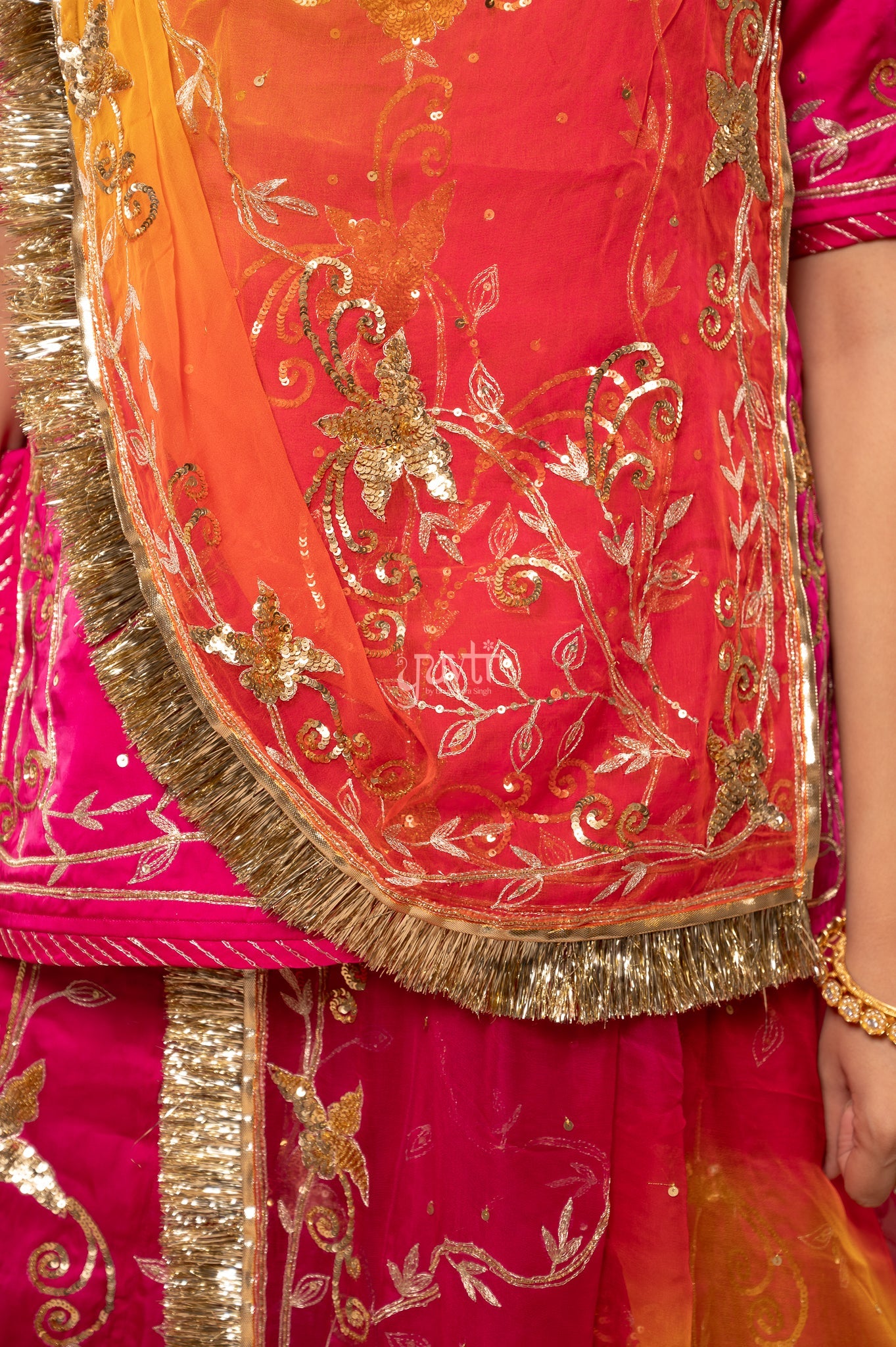 Rani Bamber Satin Aari Sequins Handwork Poshak with Pure Multi Odhana (unstitched)