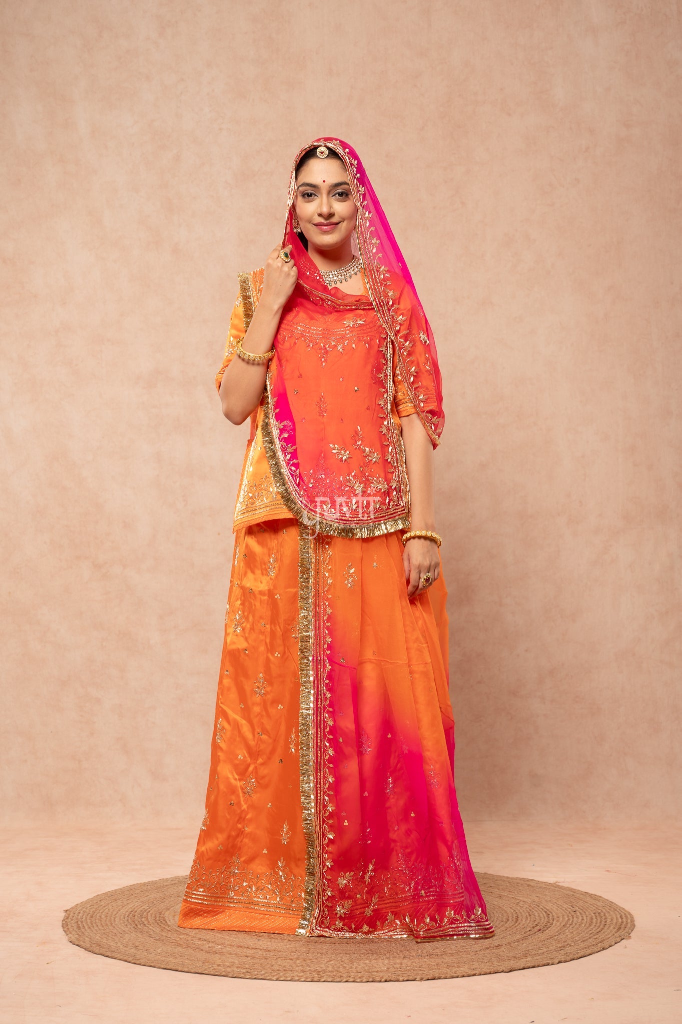 Orange Bamber Satin Zardozi Sequins Handwork Poshak with Pure Multi Shaded Odhana (unstitched)