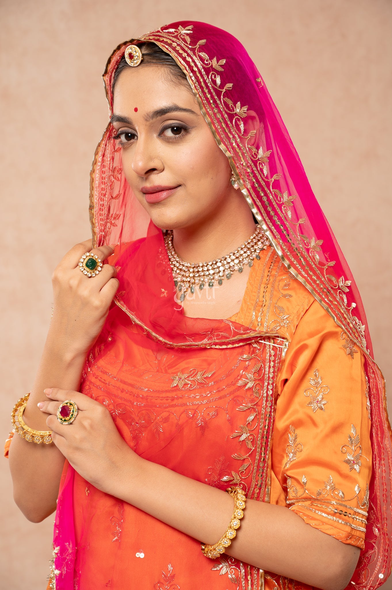 Orange Bamber Satin Zardozi Sequins Handwork Poshak with Pure Multi Shaded Odhana (unstitched)