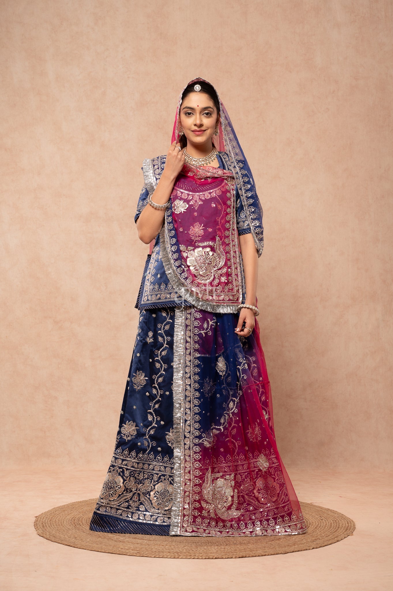 Navy Blue Bamber Satin Aari Sequins Zardozi Handwork Poshak with Pure Multi Odhana (unstitched)