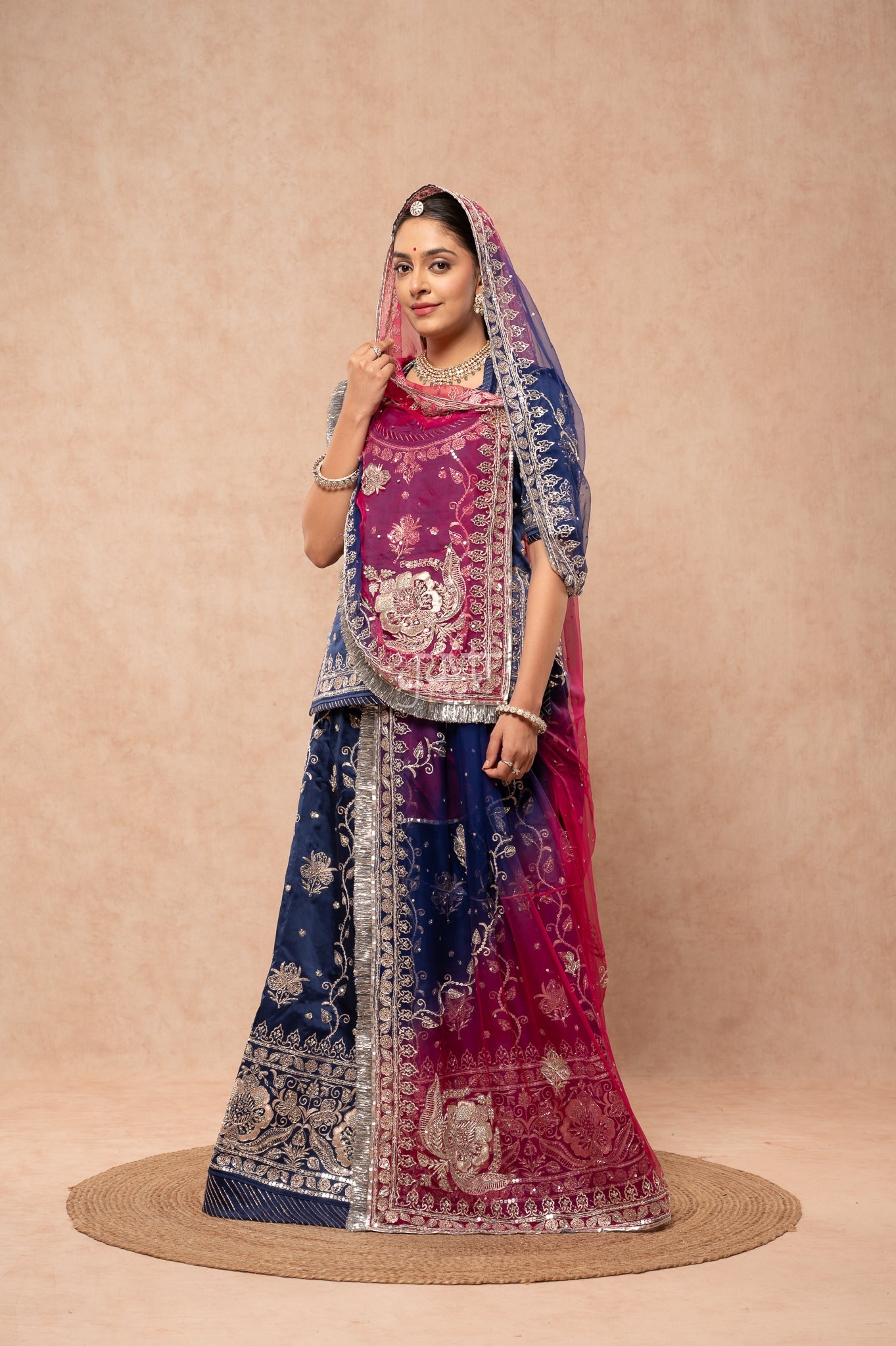 Navy Blue Bamber Satin Aari Sequins Zardozi Handwork Poshak with Pure Multi Odhana (unstitched)