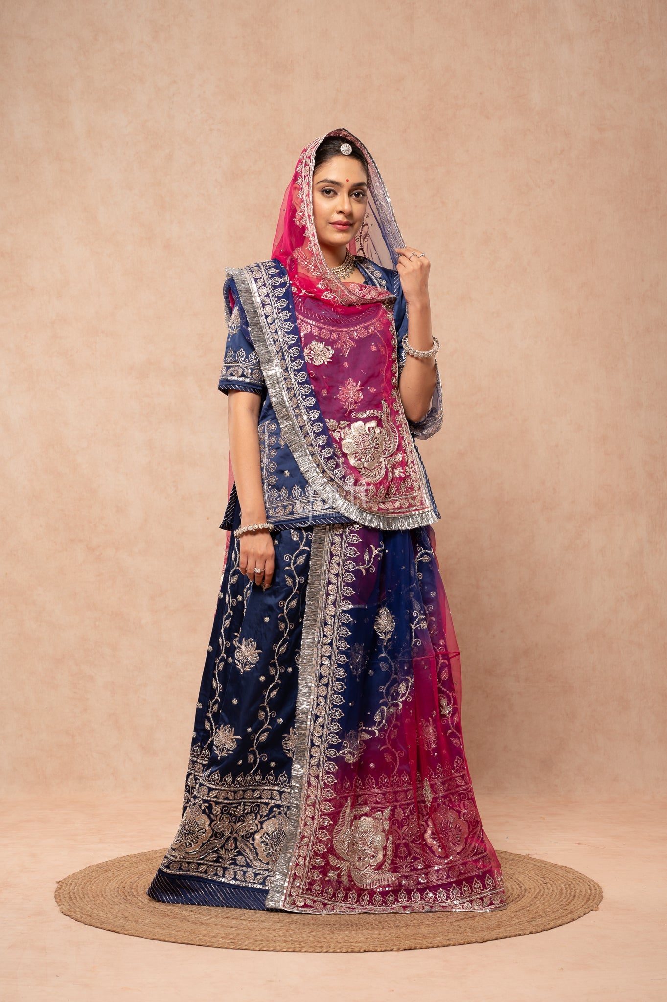 Navy Blue Bamber Satin Aari Sequins Zardozi Handwork Poshak with Pure Multi Odhana (unstitched)