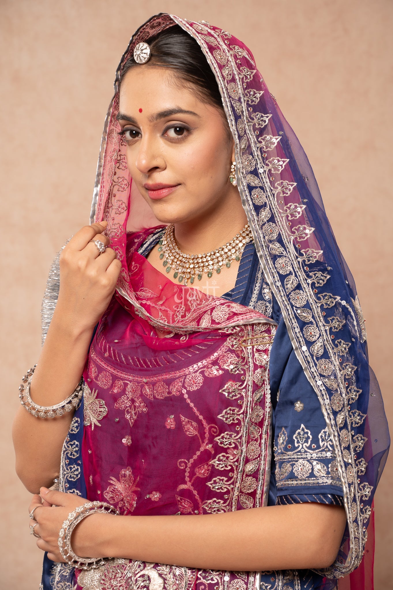 Navy Blue Bamber Satin Aari Sequins Zardozi Handwork Poshak with Pure Multi Odhana (unstitched)