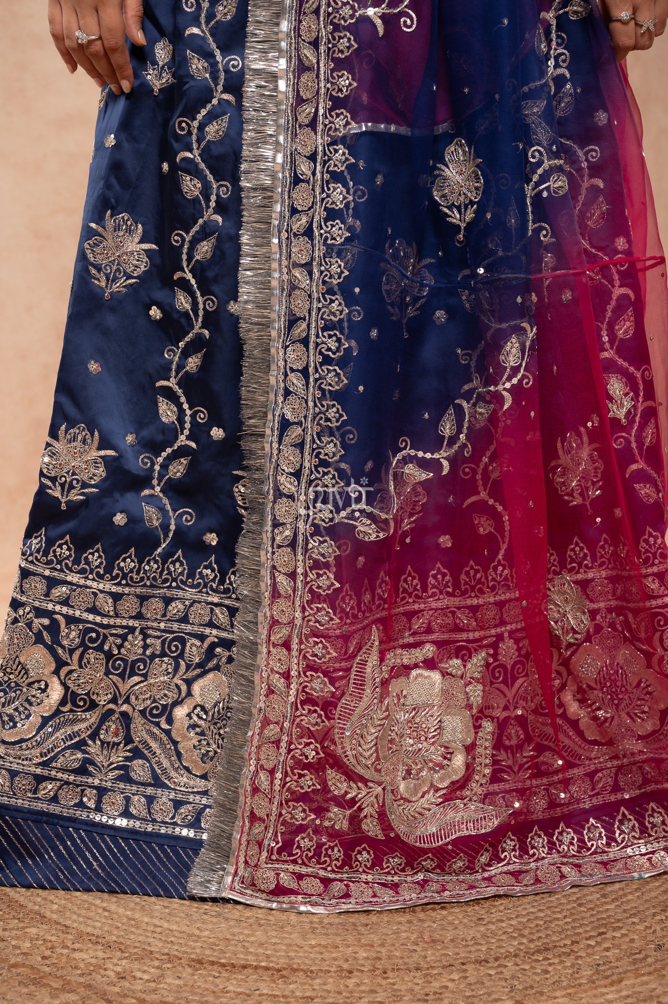 Navy Blue Bamber Satin Aari Sequins Zardozi Handwork Poshak with Pure Multi Odhana (unstitched)