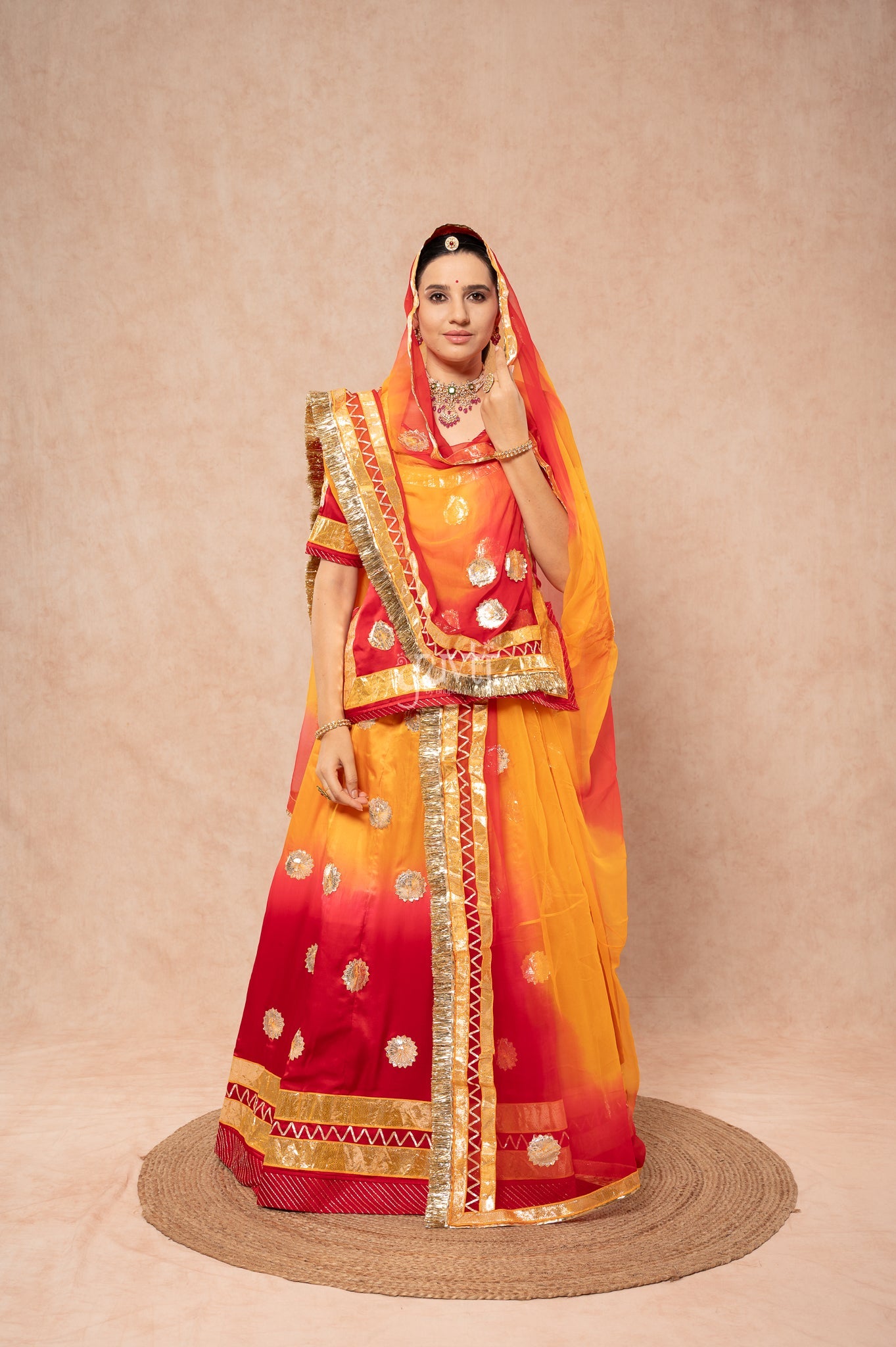 Red Orange Bamber Satin Laffa Champa Flower Handwork Poshak with Pure Shaded Odhana (unstitched)