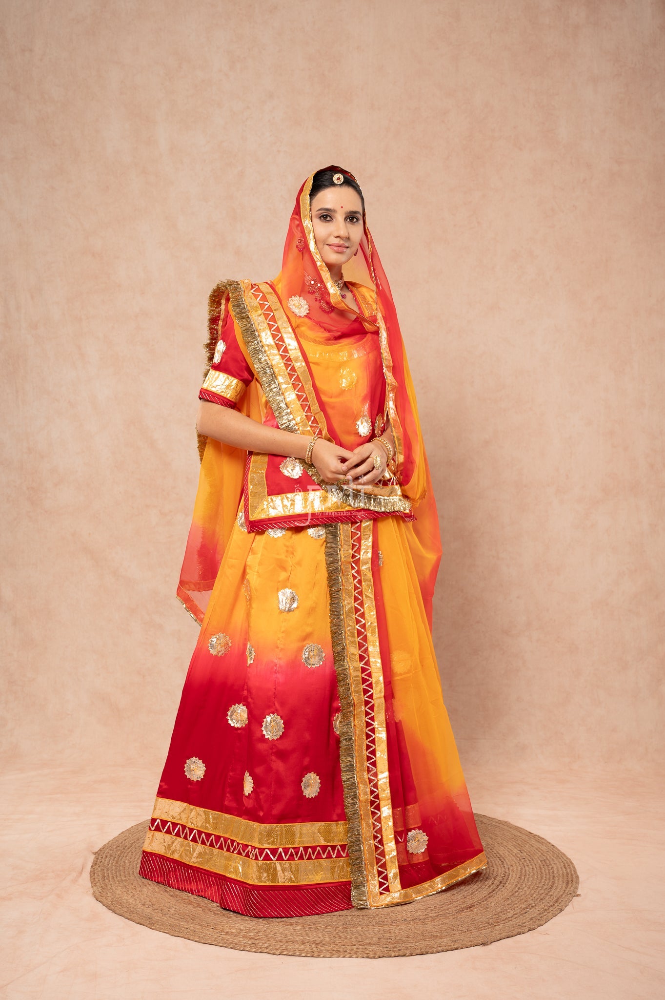 Red Orange Bamber Satin Laffa Champa Flower Handwork Poshak with Pure Shaded Odhana (unstitched)