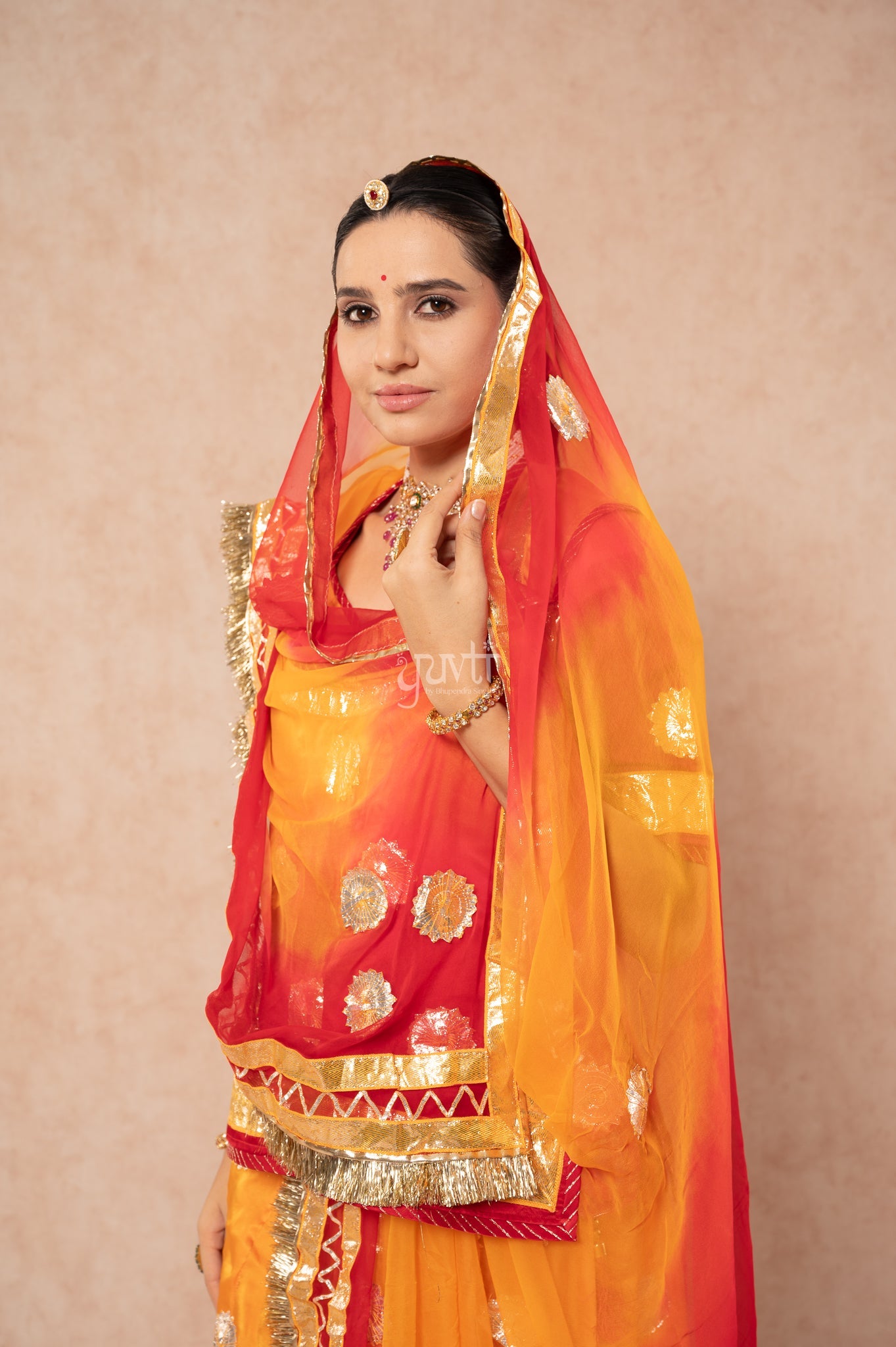 Red Orange Bamber Satin Laffa Champa Flower Handwork Poshak with Pure Shaded Odhana (unstitched)